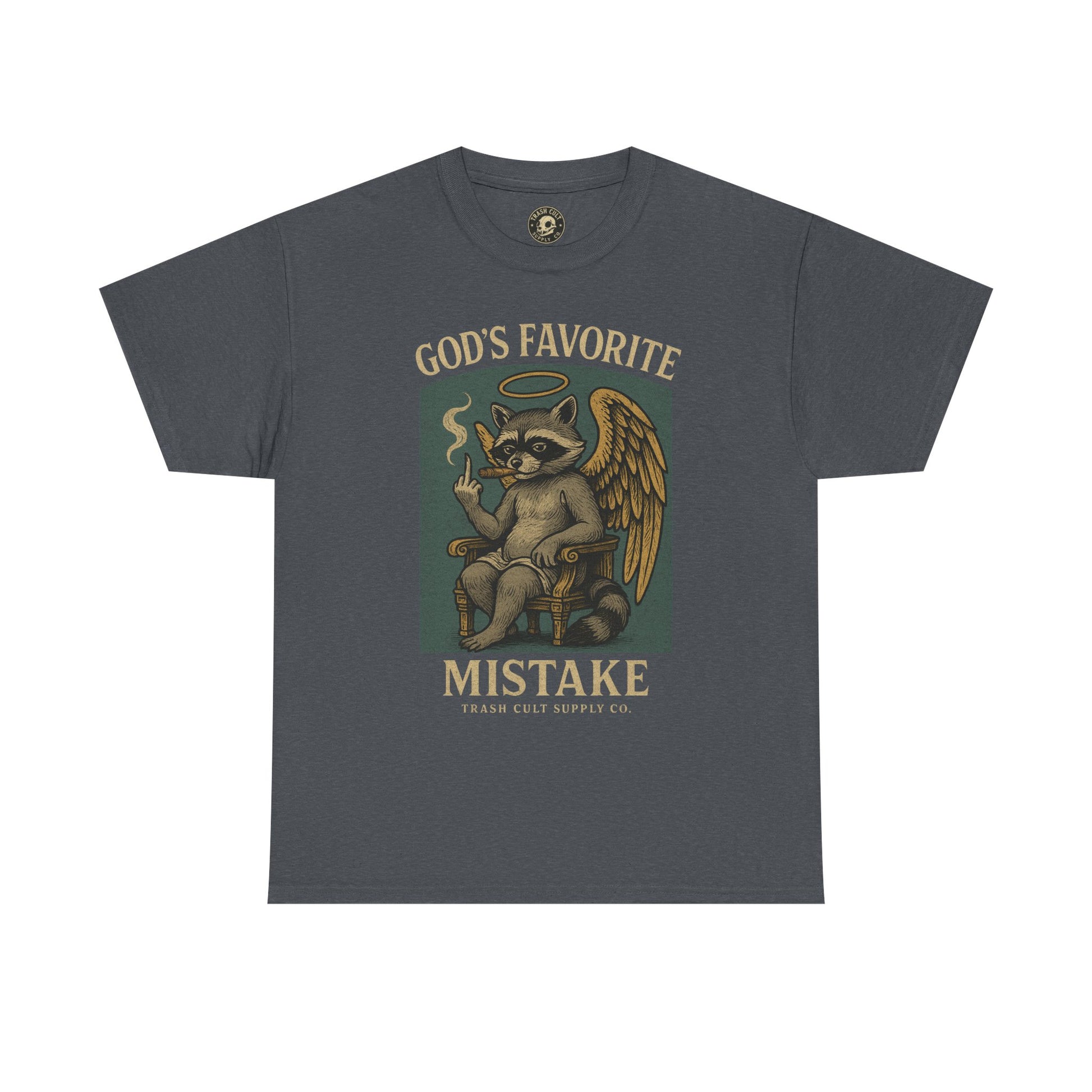God’s Favorite Mistake Shirt – Raccoon Angel Flipping the Bird by Trash Cult Supply Co.