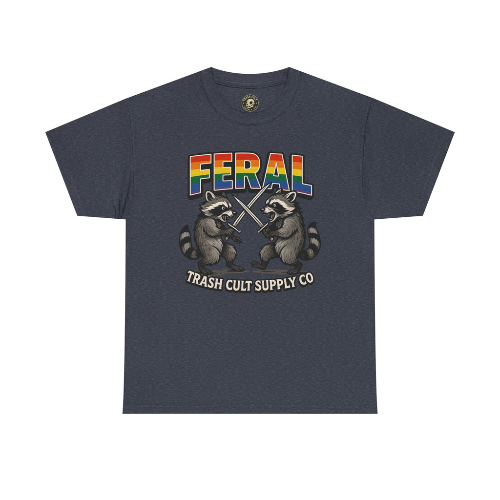 FERAL Rainbow Raccoon Sword Fighting Graphic Tee – Gildan 5000 Heavy Cotton