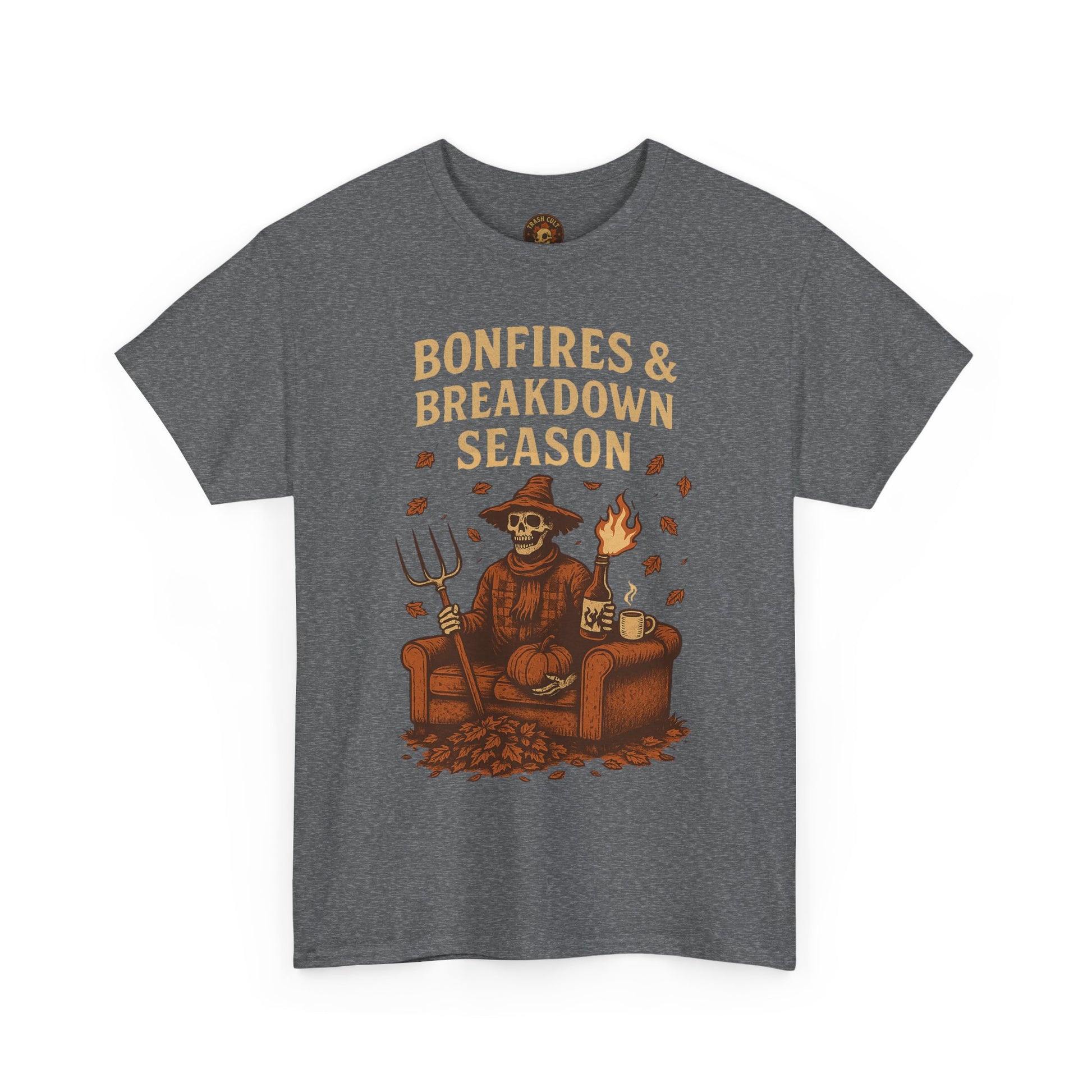 Bonfires & Breakdown Season Shirt – Skeleton Couch Chaos Tee – Fall of Humanity Collection – Trash Cult Supply Co.