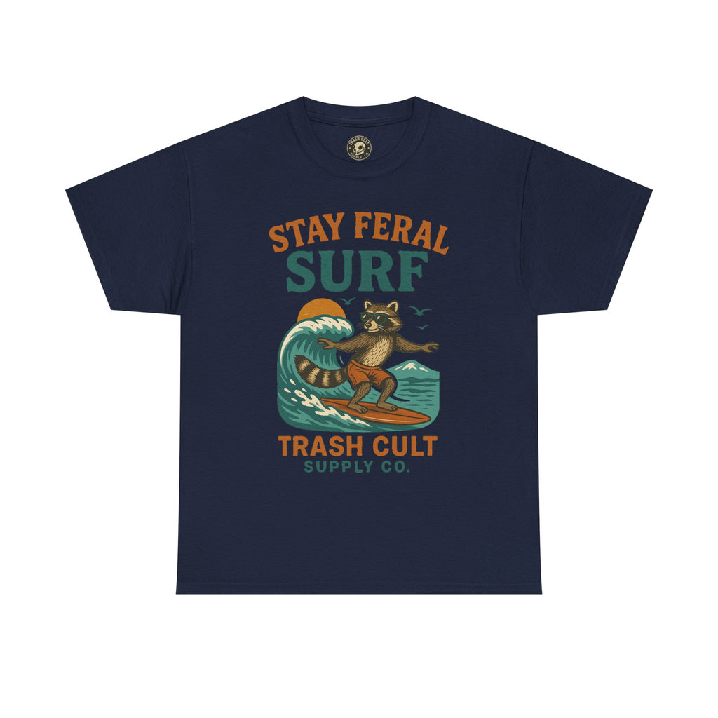 Stay Feral Surf Shirt – Retro Raccoon Beach Tee – Trash Cult Supply Co – Gildan 5000