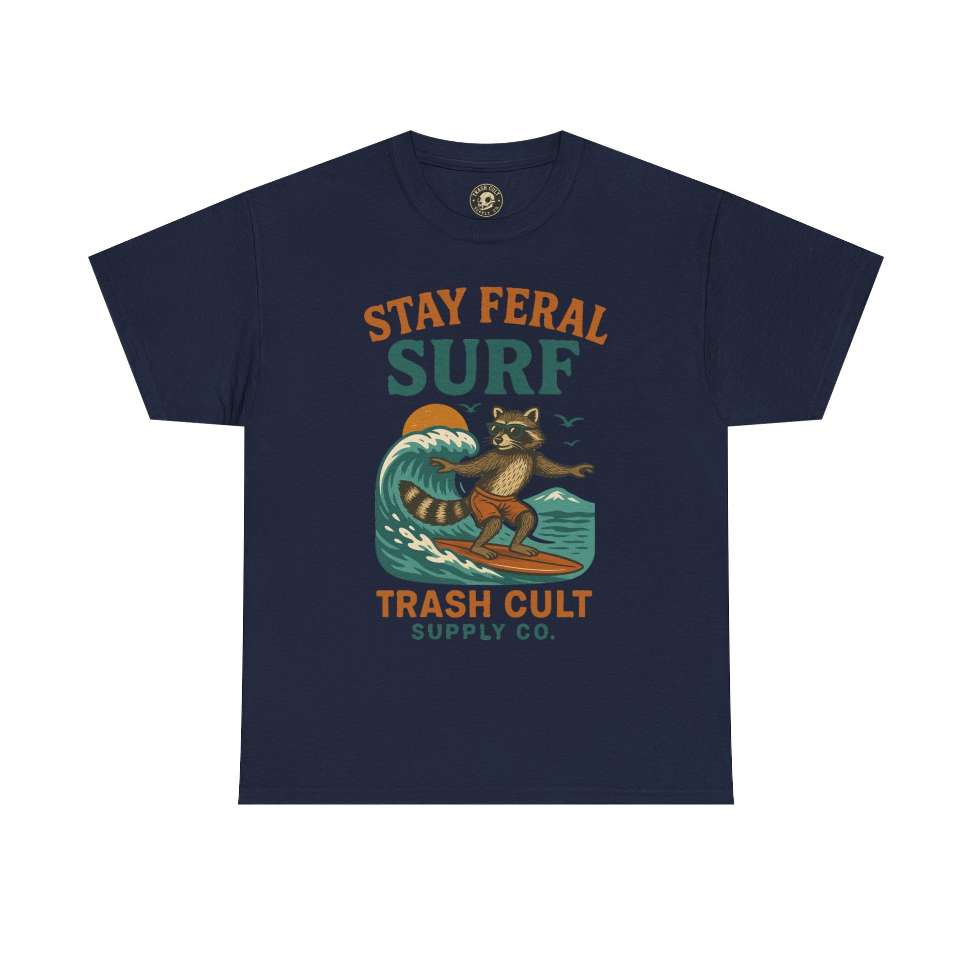 Stay Feral Surf Shirt – Retro Raccoon Beach Tee – Trash Cult Supply Co – Gildan 5000