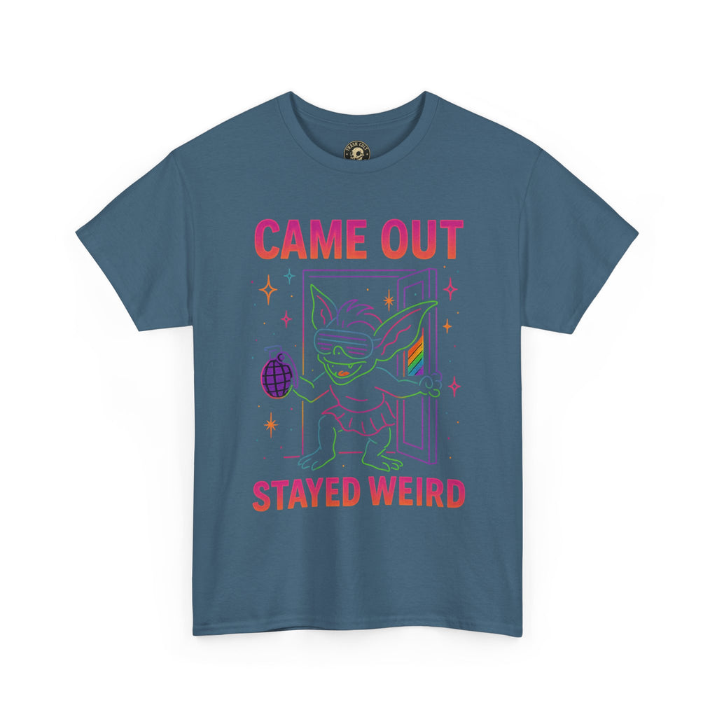 Came Out, Stayed Weird – Neon Gremlin Pride T-Shirt | Gildan Unisex Heavy Cotton Tee | LGBTQ+ Graphic Shirt