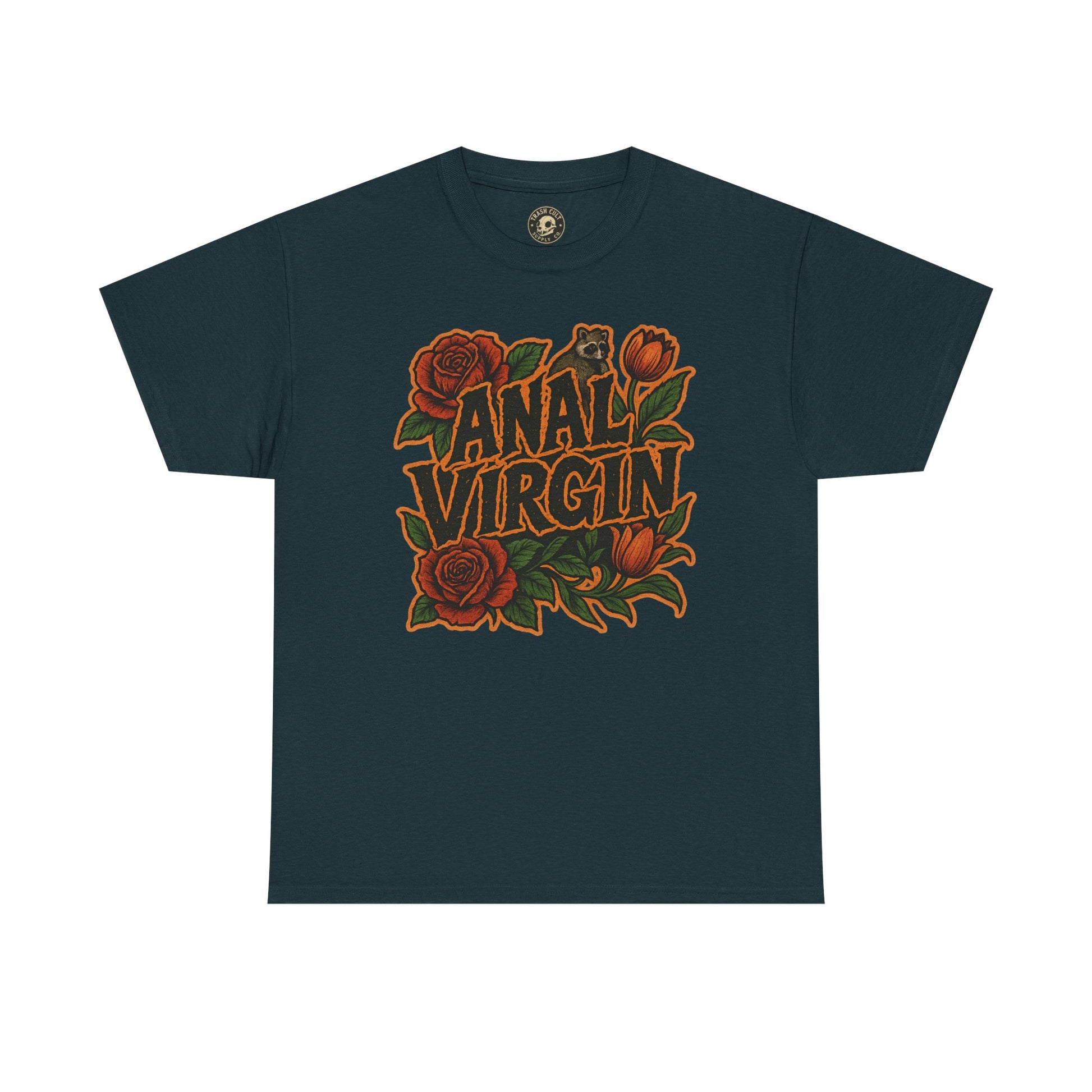 Anal Virgin Bold Floral Trashcore Tee – Funny Raccoon Shirt – Gildan 5000
