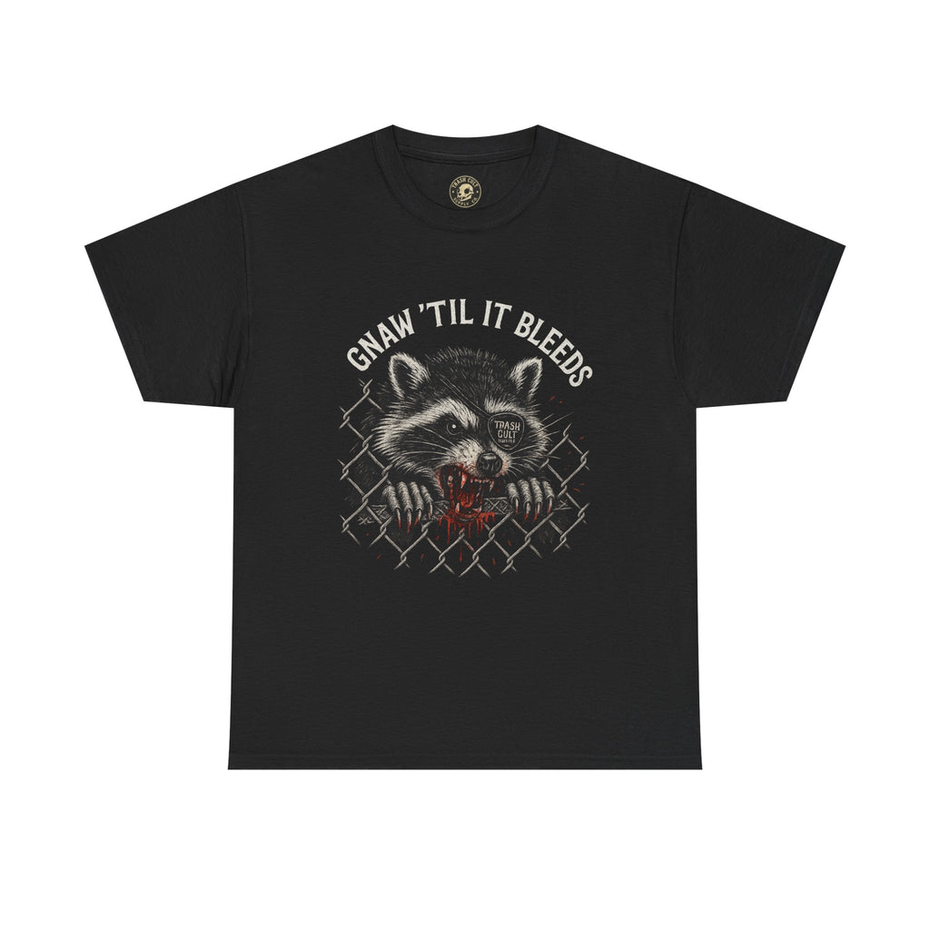 Gnaw ’Til It Bleeds Raccoon Tee – Feral Trash Cult Shirt, Metalcore Punk Animal Graphic, Gildan 5000 Unisex Black T-Shirt