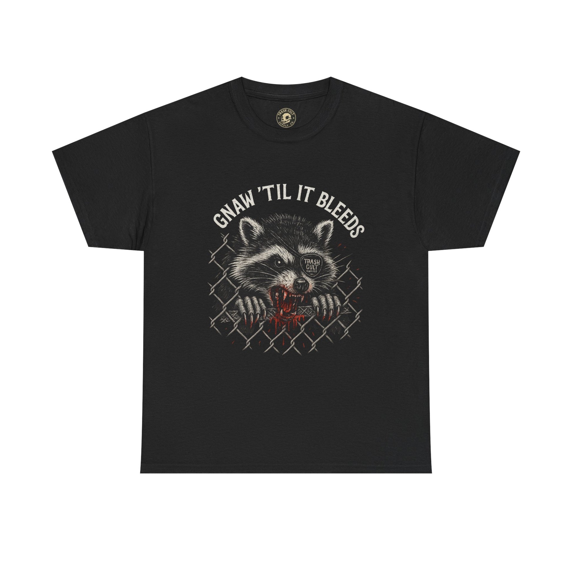 Gnaw ’Til It Bleeds Raccoon Tee – Feral Trash Cult Shirt, Metalcore Punk Animal Graphic, Gildan 5000 Unisex Black T-Shirt