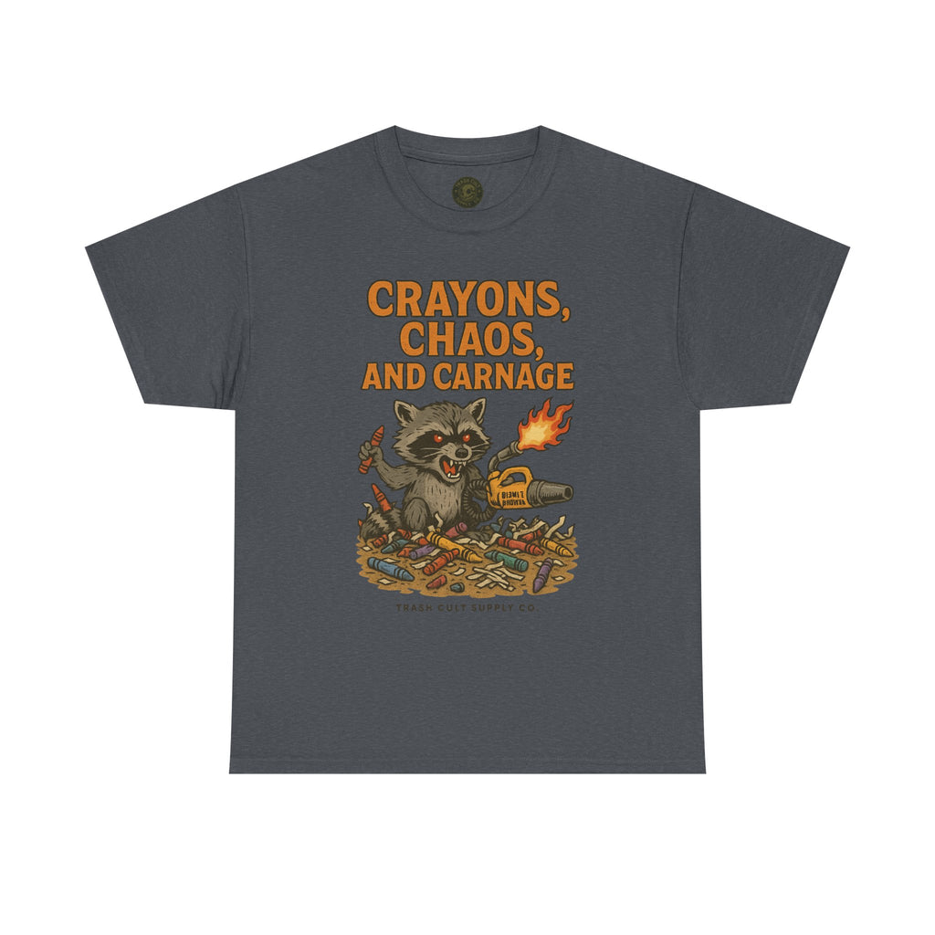 Crayons, Chaos, and Carnage T-Shirt – Dark Humor Raccoon Graphic | Trash Cult Supply Co. | Gildan 5000 Tee