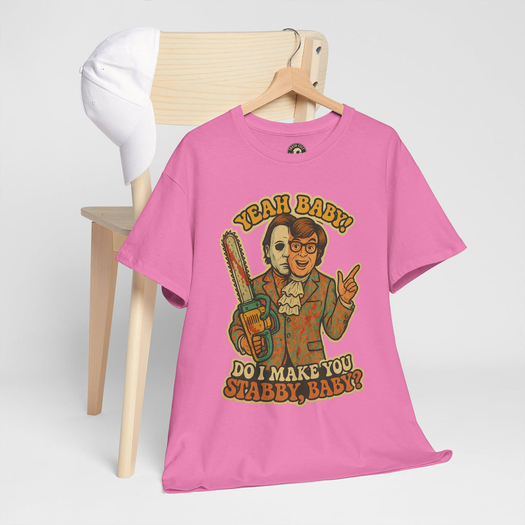 Mike Myers Parody Shirt – “Do I Make You Stabby, Baby?” Funny Horror Mashup Tee – Gildan 5000 Unisex