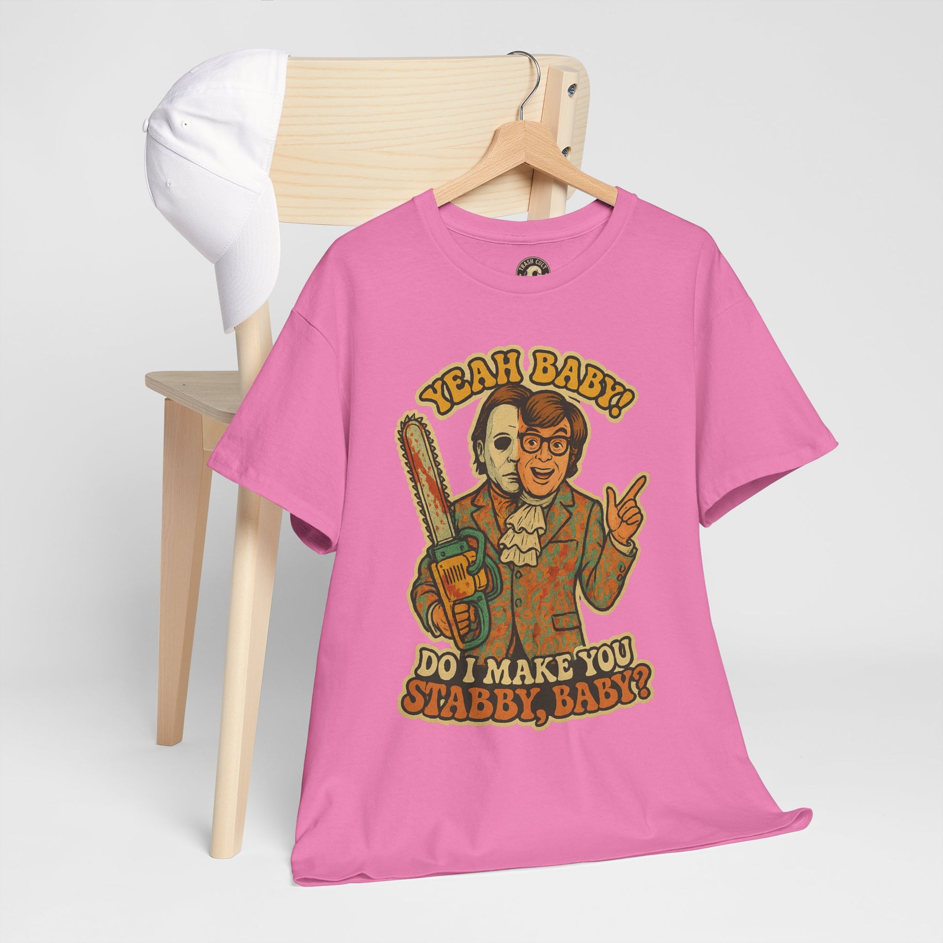 Mike Myers Parody Shirt – “Do I Make You Stabby, Baby?” Funny Horror Mashup Tee – Gildan 5000 Unisex