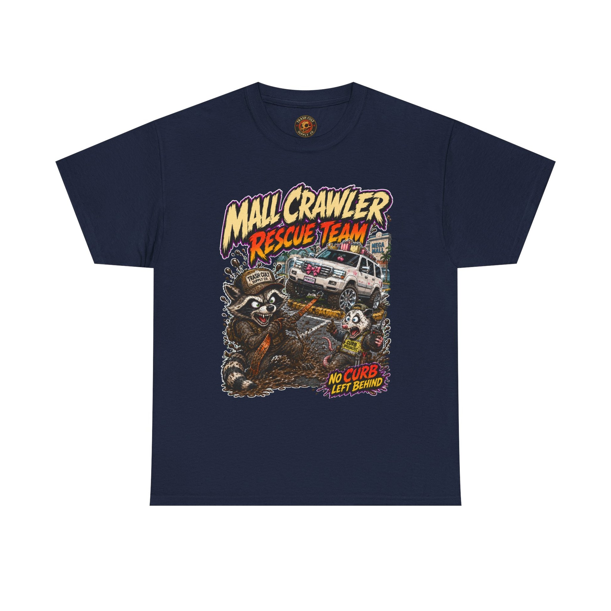 Mall Crawler Rescue Team T‑Shirt — Vintage Raccoon Rescue Graphic Tee (“No Curb Left Behind”)