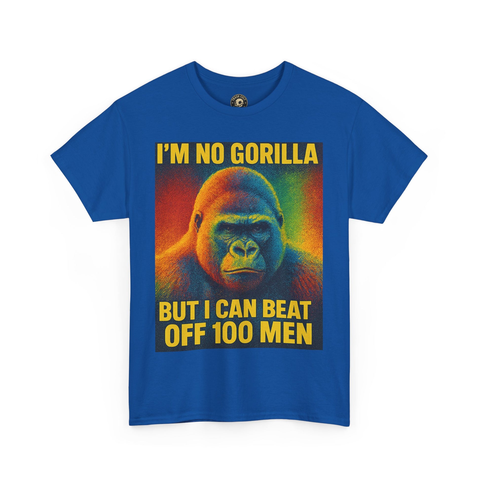 I’m No Gorilla But I Can Beat Off 100 Men Shirt – Multicolor Halftone Gorilla Tee on Gildan 5000