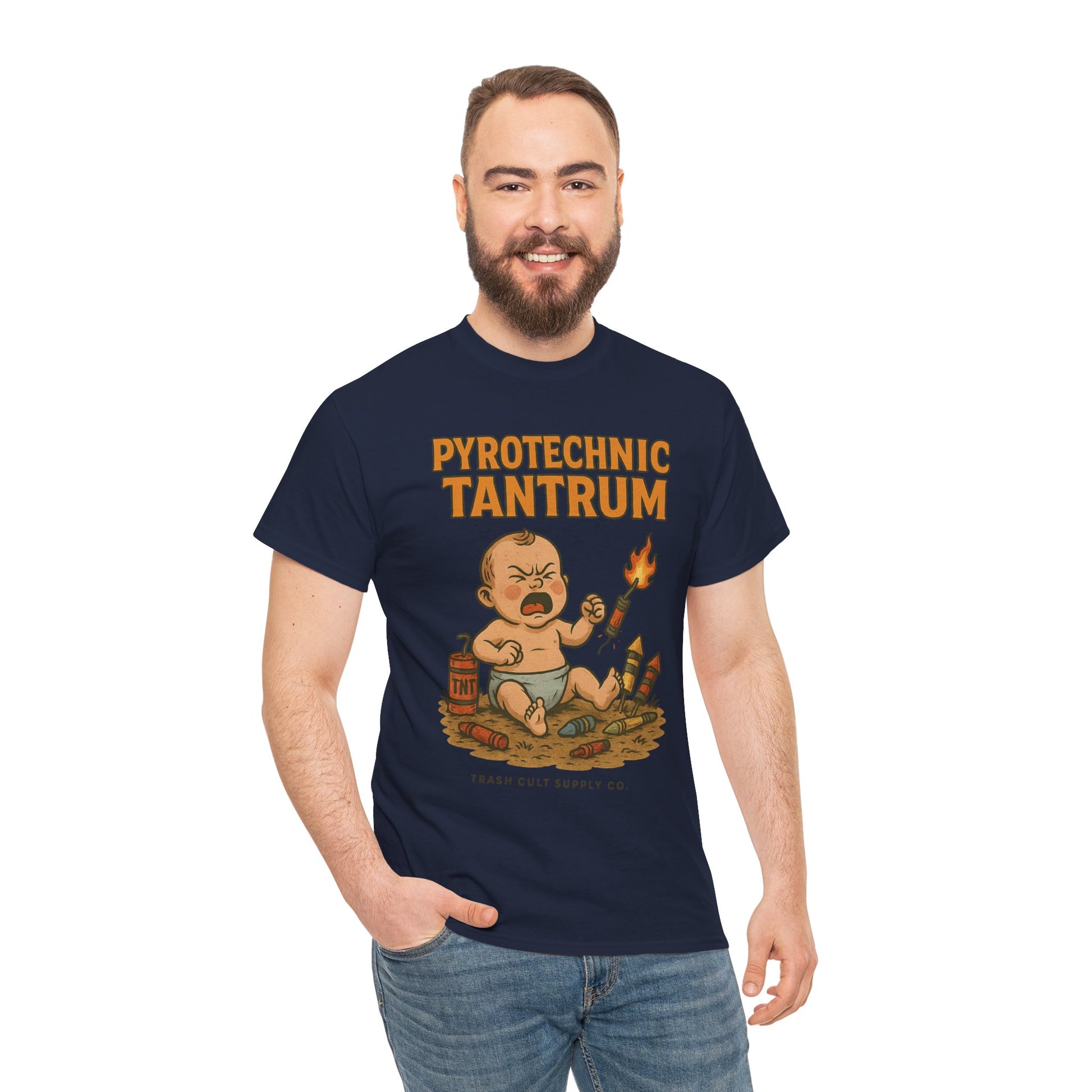 Pyrotechnic Tantrum T-Shirt – Explosive Baby Humor Graphic | Trash Cult Supply Co. | Gildan 5000 Tee