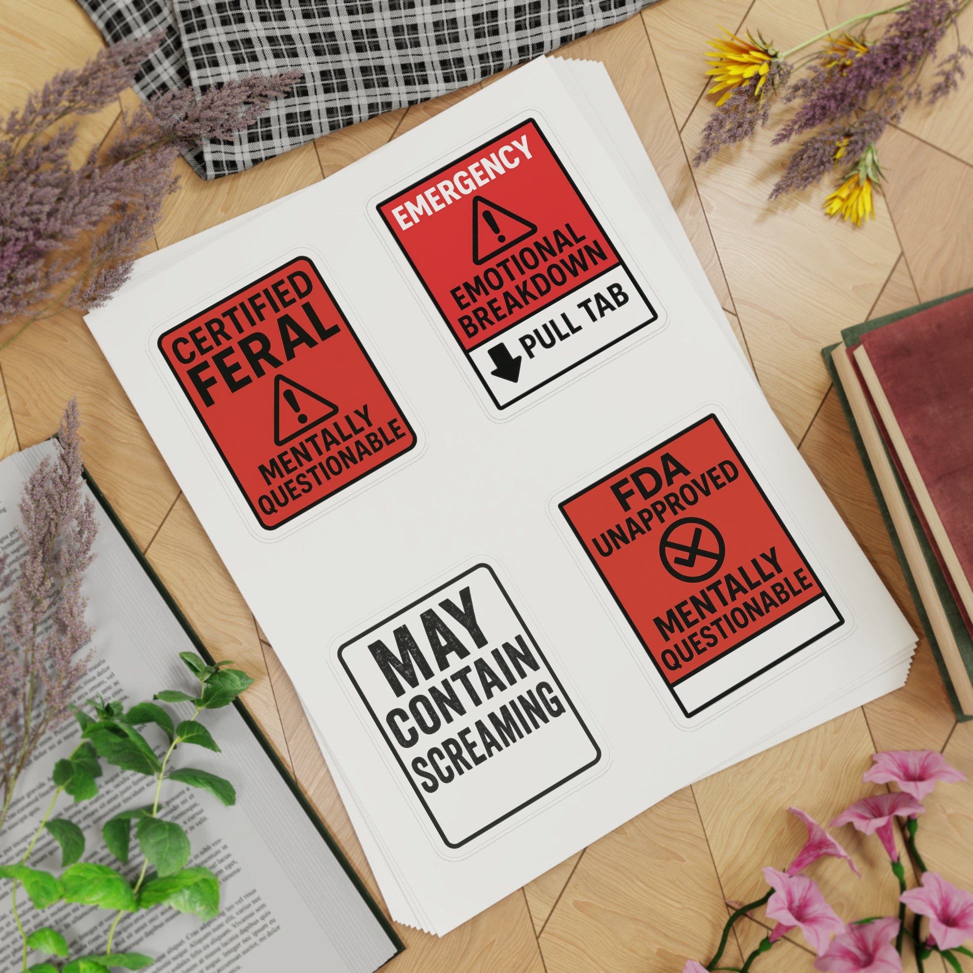 Feral Sticker Sheet Bundle – 10 Bold Mental Health & Chaos-Themed Stickers | Transparent, White & Holographic Vinyl