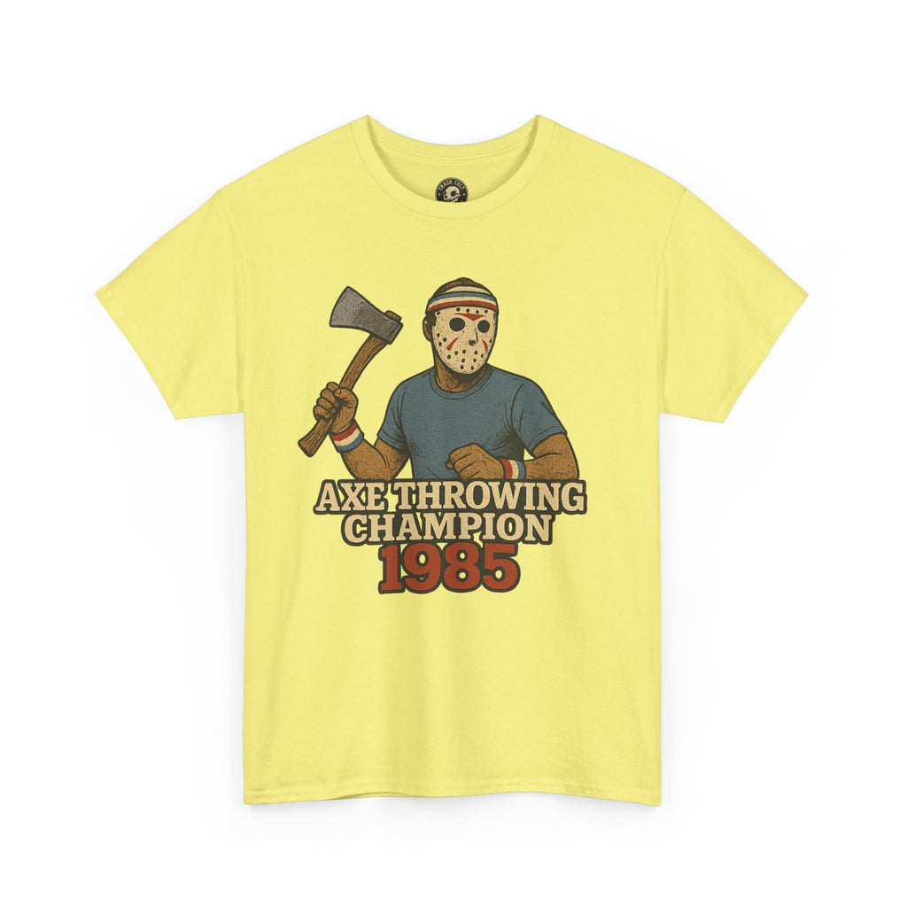 Jason Voorhees Axe Throwing Champion 1985 T-Shirt – Retro Slasher Workout Parody | Gildan 5000 Tee