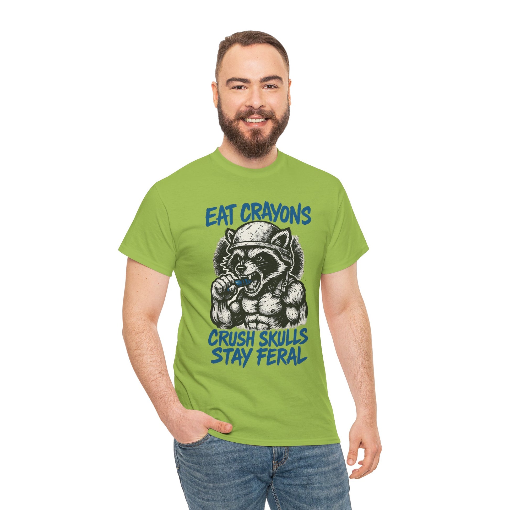 Eat Crayons Crush Skulls Stay Feral Military Raccoon Shirt – Gildan 5000