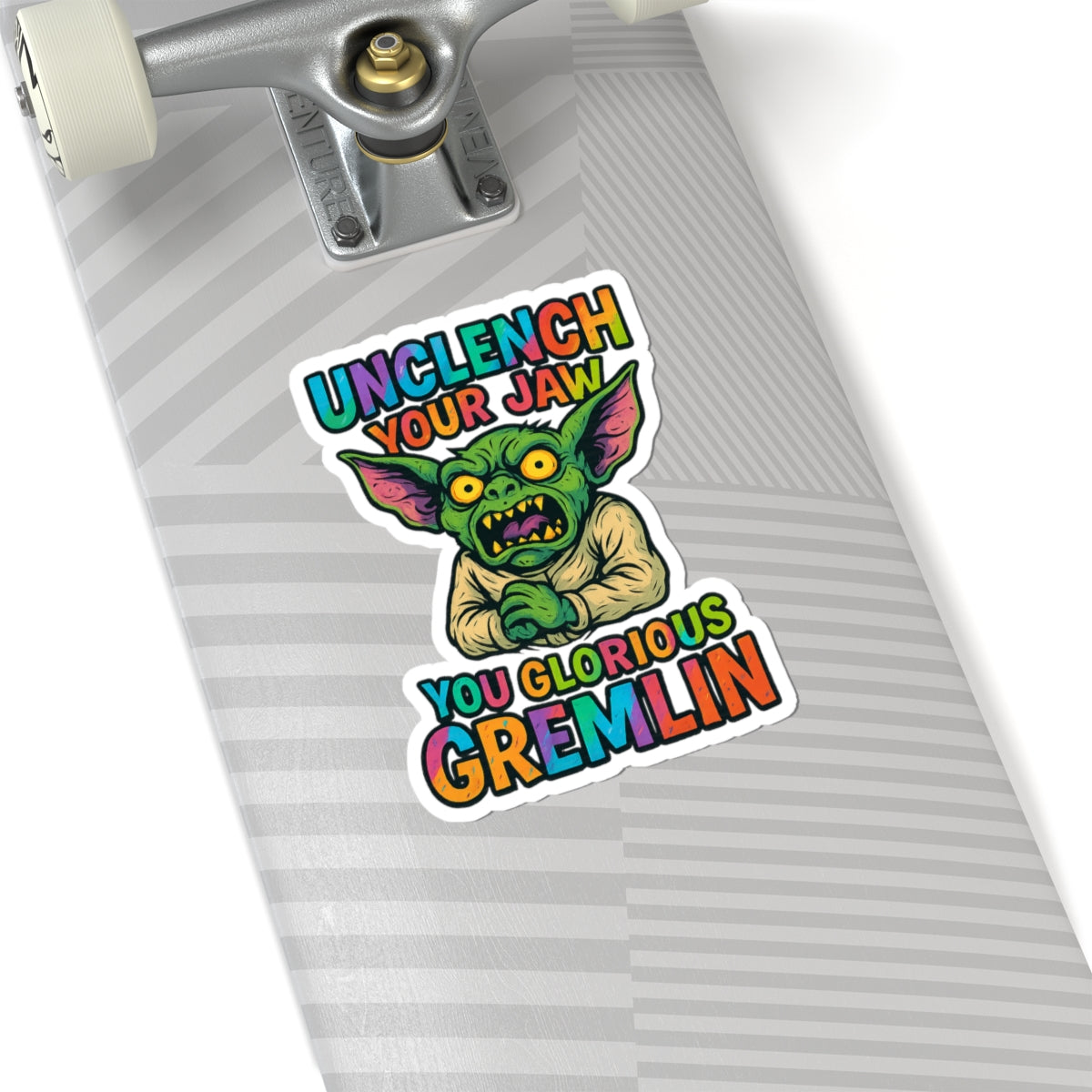 Unclench Your Jaw Gremlin Sticker – Funny Mental Health Reminder for the Chronically Feral