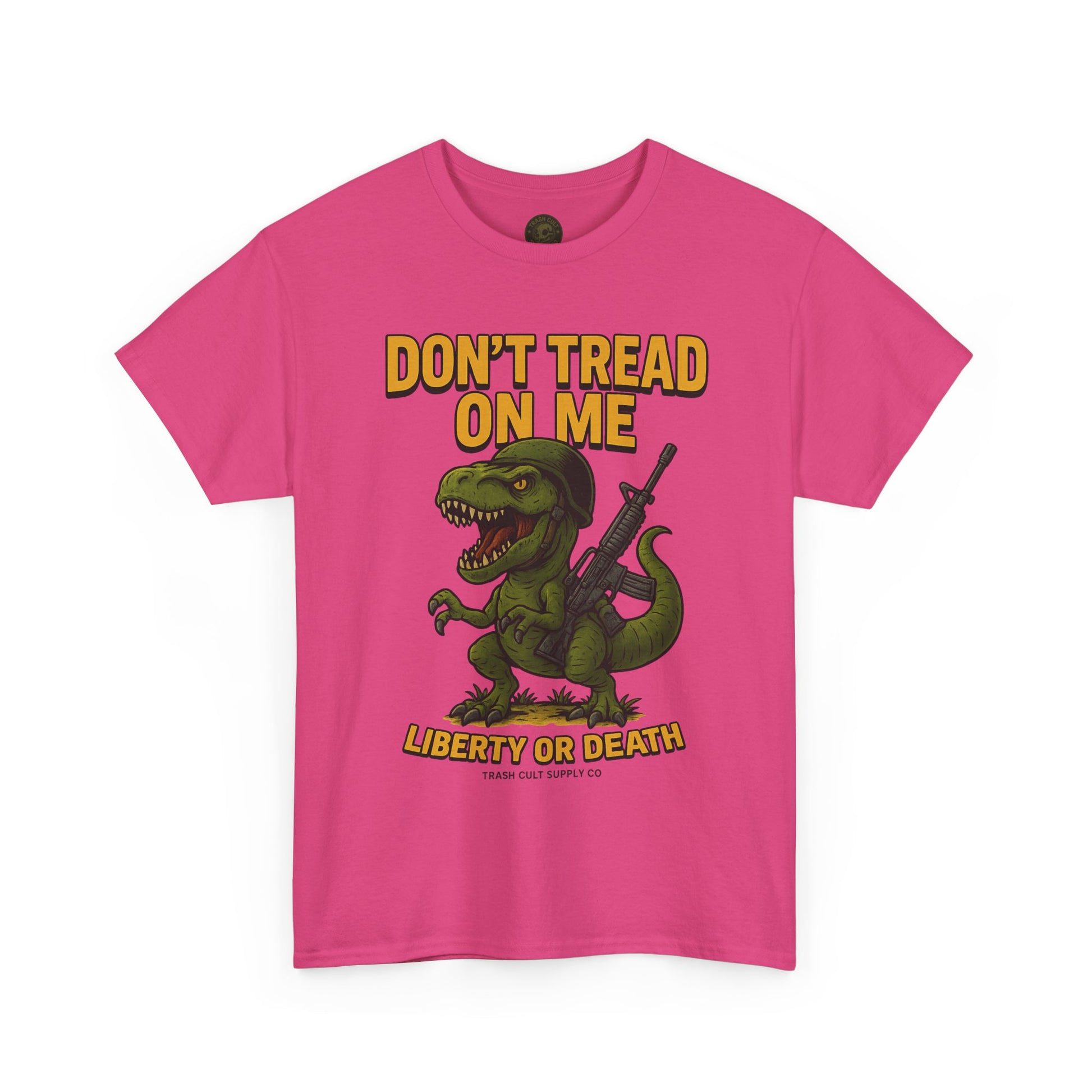 Don’t Tread On Me T-Rex T-Shirt – Liberty or Death Graphic | Trash Cult Supply Co. | Gildan 5000 Heavy Cotton