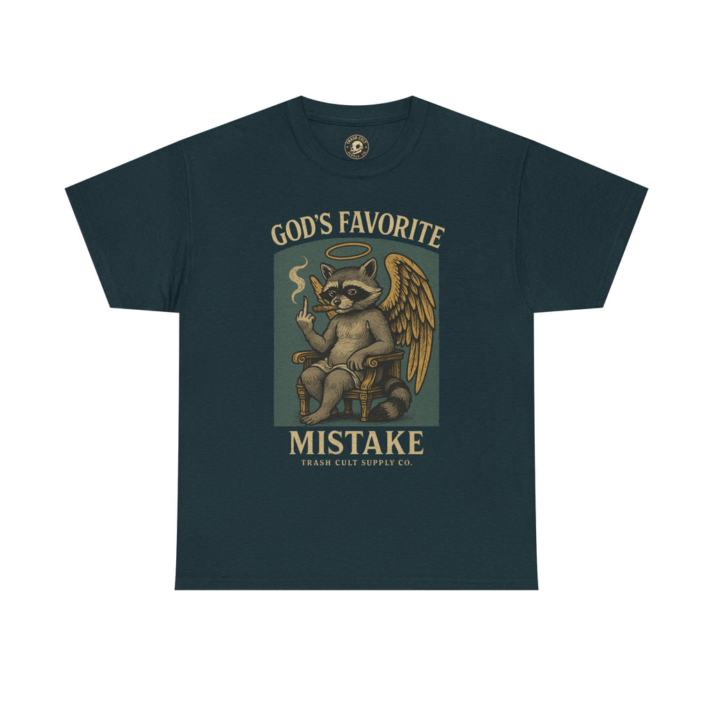 God’s Favorite Mistake Shirt – Raccoon Angel Flipping the Bird by Trash Cult Supply Co.