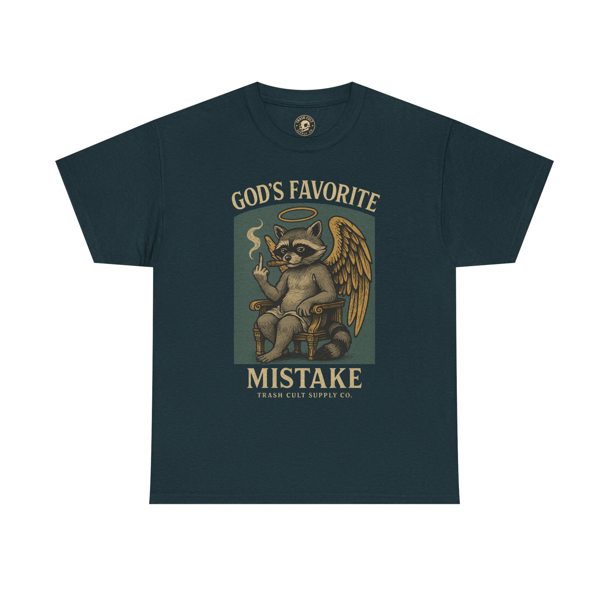 God’s Favorite Mistake Shirt – Raccoon Angel Flipping the Bird by Trash Cult Supply Co.