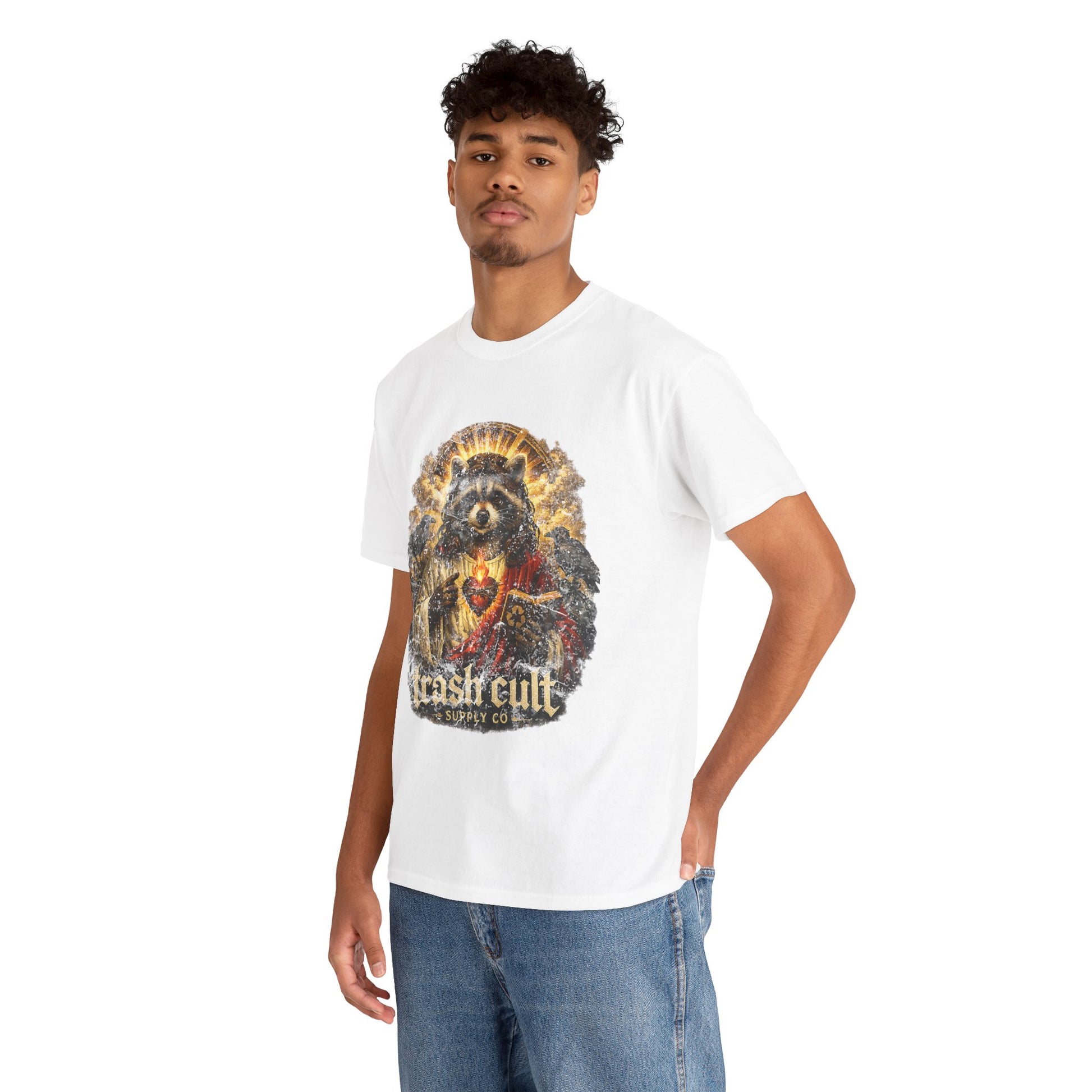 Raccoon Saint Graphic Tee — “Trash Cult” Vintage Devotional Design