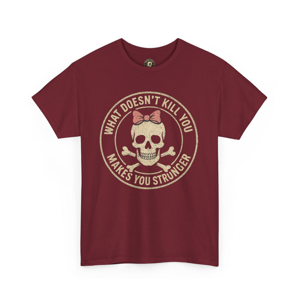 “What Doesn’t Kill You Makes You Stronger” Skull & Bow T-Shirt – Vintage Grunge Graphic | Gildan 5000