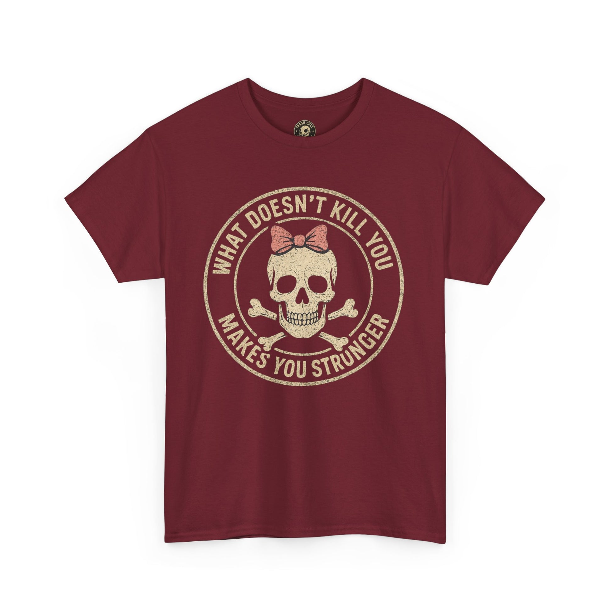 “What Doesn’t Kill You Makes You Stronger” Skull & Bow T-Shirt – Vintage Grunge Graphic | Gildan 5000