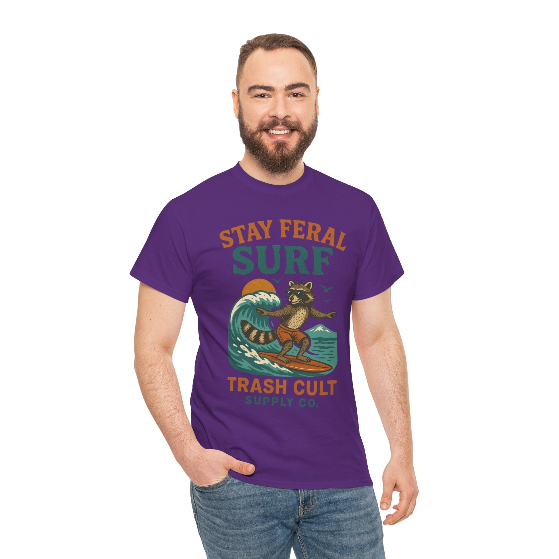 Stay Feral Surf Shirt – Retro Raccoon Beach Tee – Trash Cult Supply Co – Gildan 5000