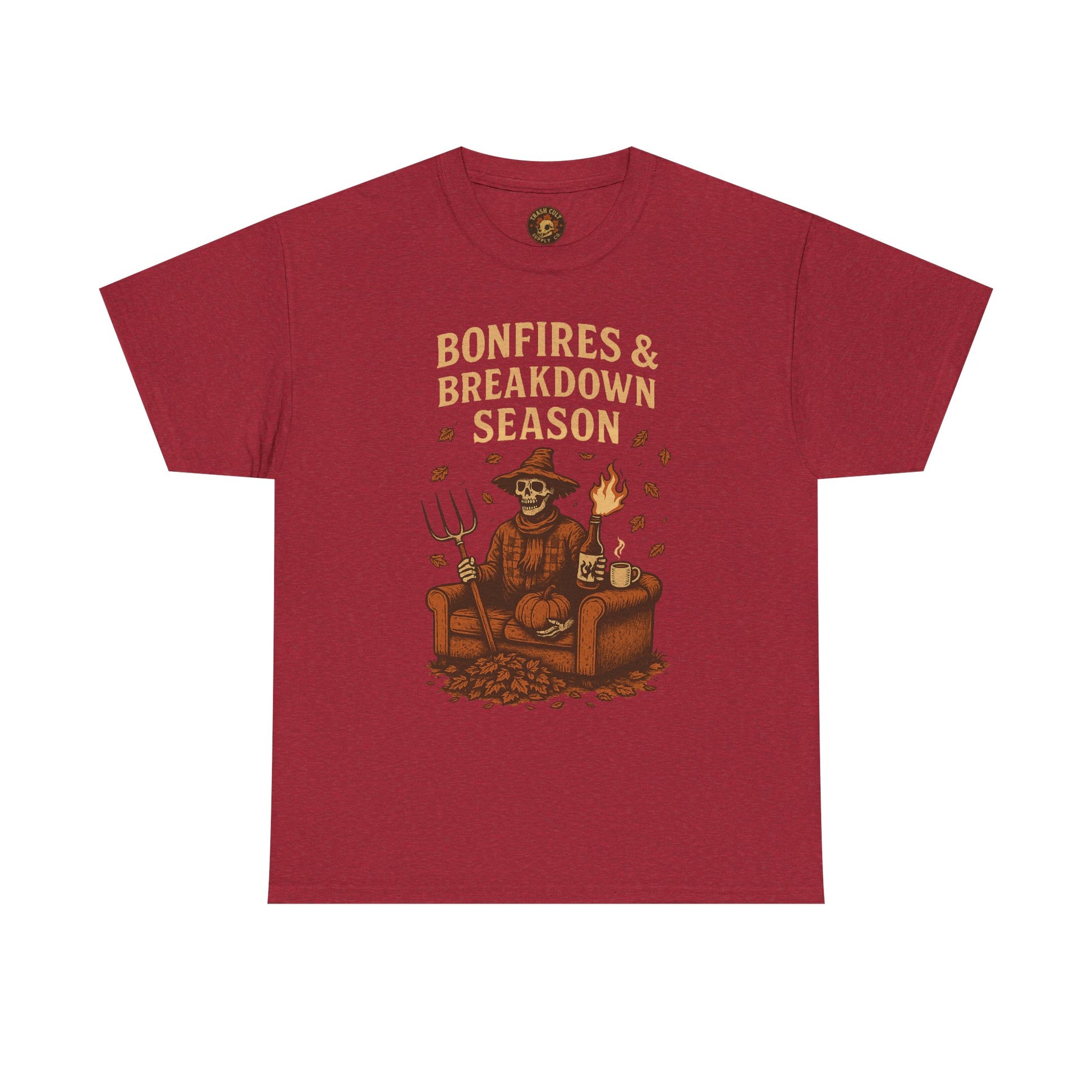 Bonfires & Breakdown Season Shirt – Skeleton Couch Chaos Tee – Fall of Humanity Collection – Trash Cult Supply Co.