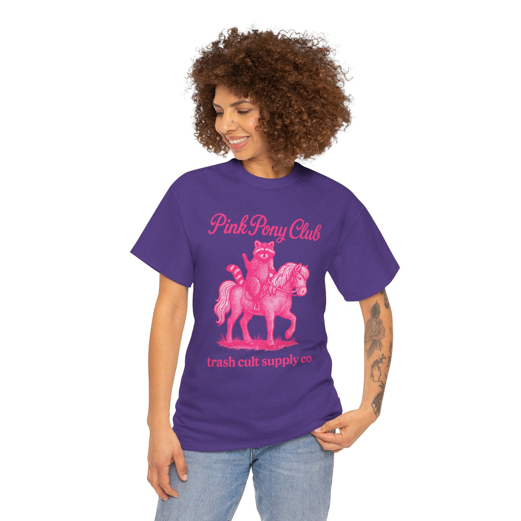 Pink Pony Club Raccoon Riding Pony Shirt – Vintage Hot Pink Halftone Tee by Trash Cult Supply Co