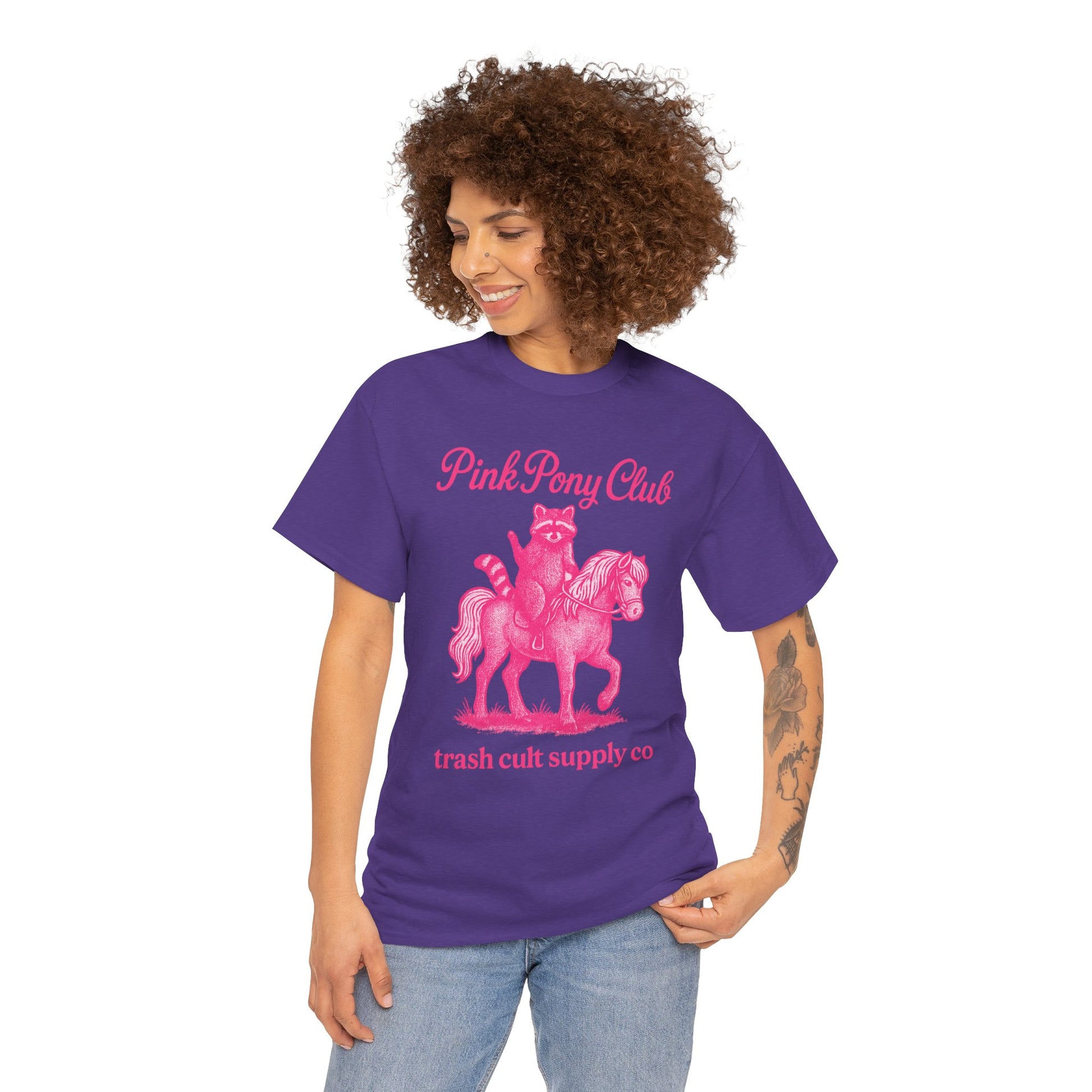 Pink Pony Club Raccoon Riding Pony Shirt – Vintage Hot Pink Halftone Tee by Trash Cult Supply Co