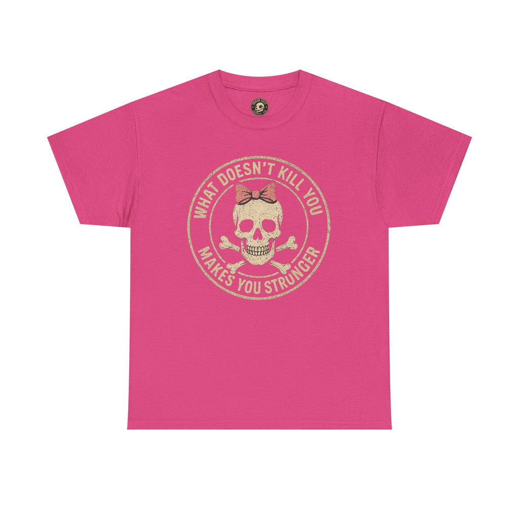 “What Doesn’t Kill You Makes You Stronger” Skull & Bow T-Shirt – Vintage Grunge Graphic | Gildan 5000