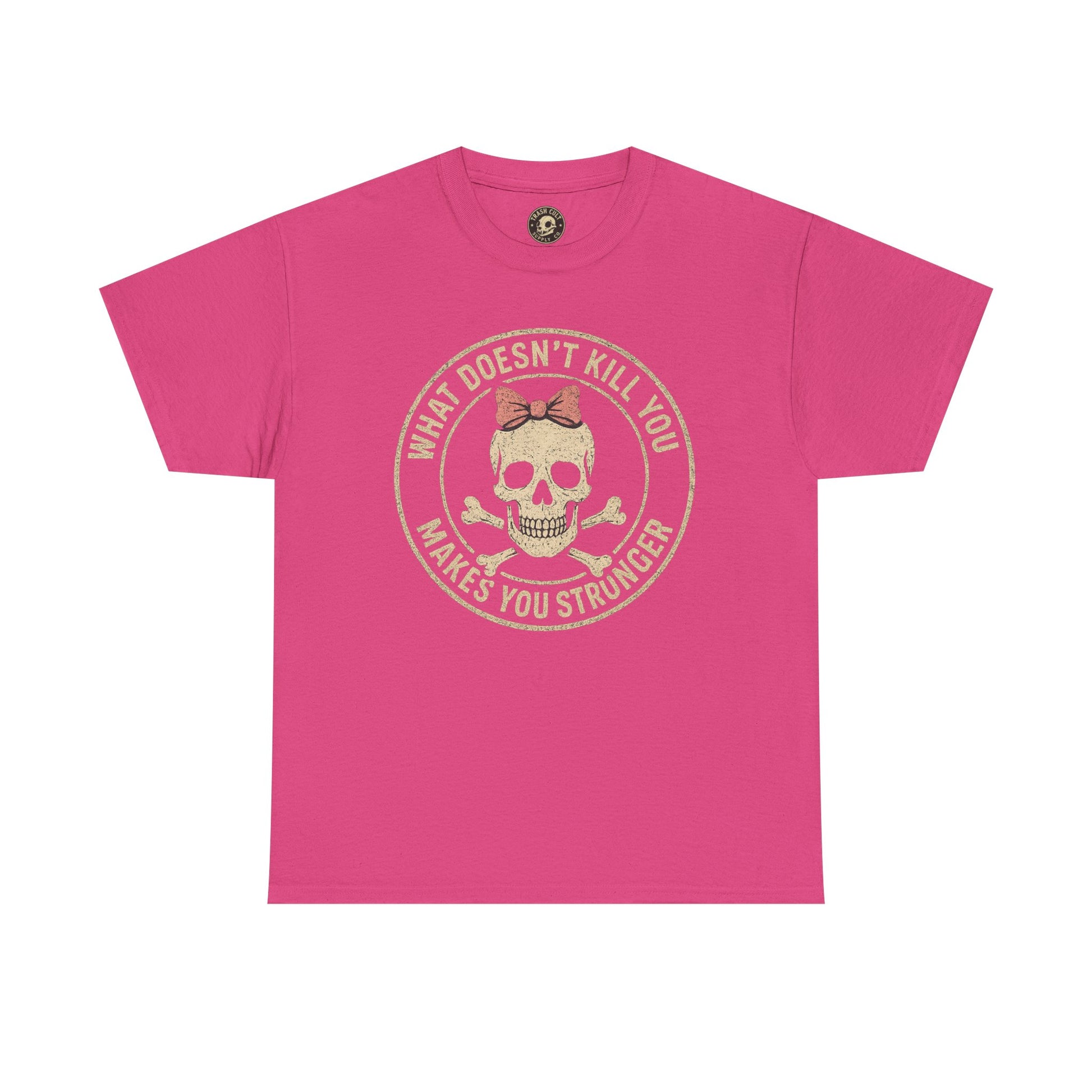 “What Doesn’t Kill You Makes You Stronger” Skull & Bow T-Shirt – Vintage Grunge Graphic | Gildan 5000