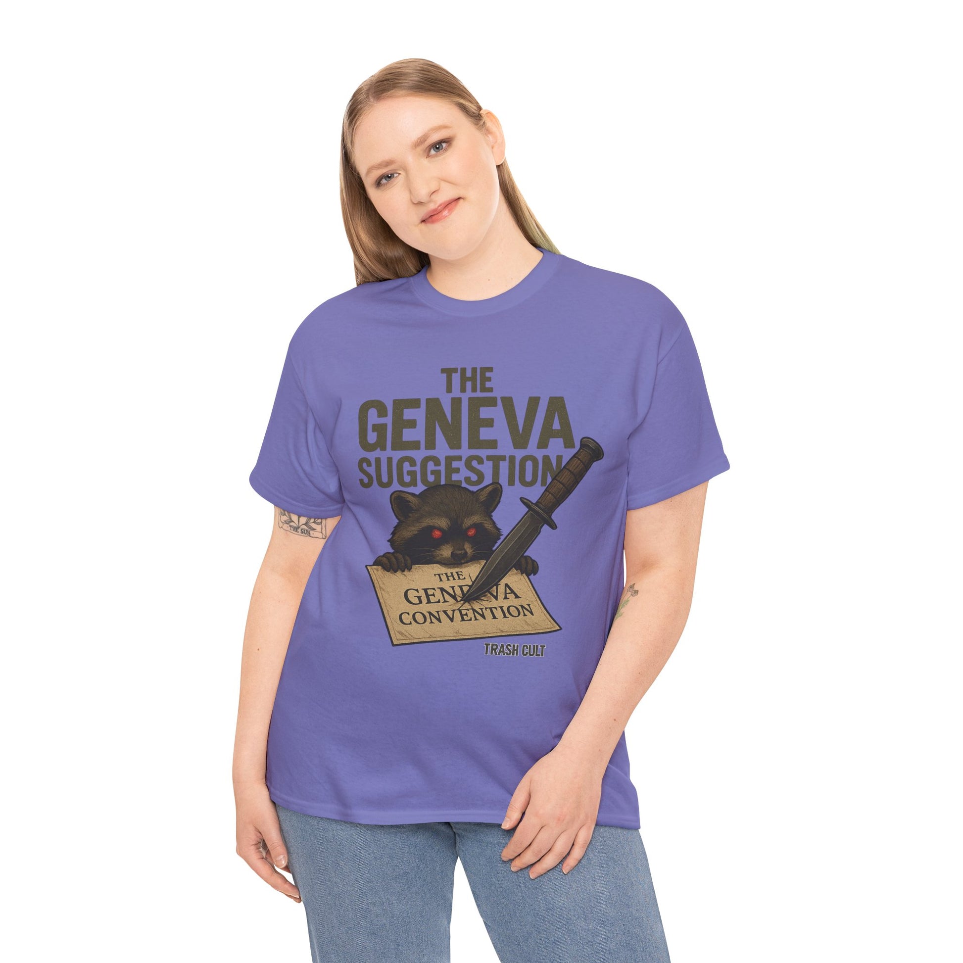 The Geneva Suggestion T-Shirt – Tactical Raccoon Dark Humor Tee | Trash Cult Supply Co. | Gildan 5000