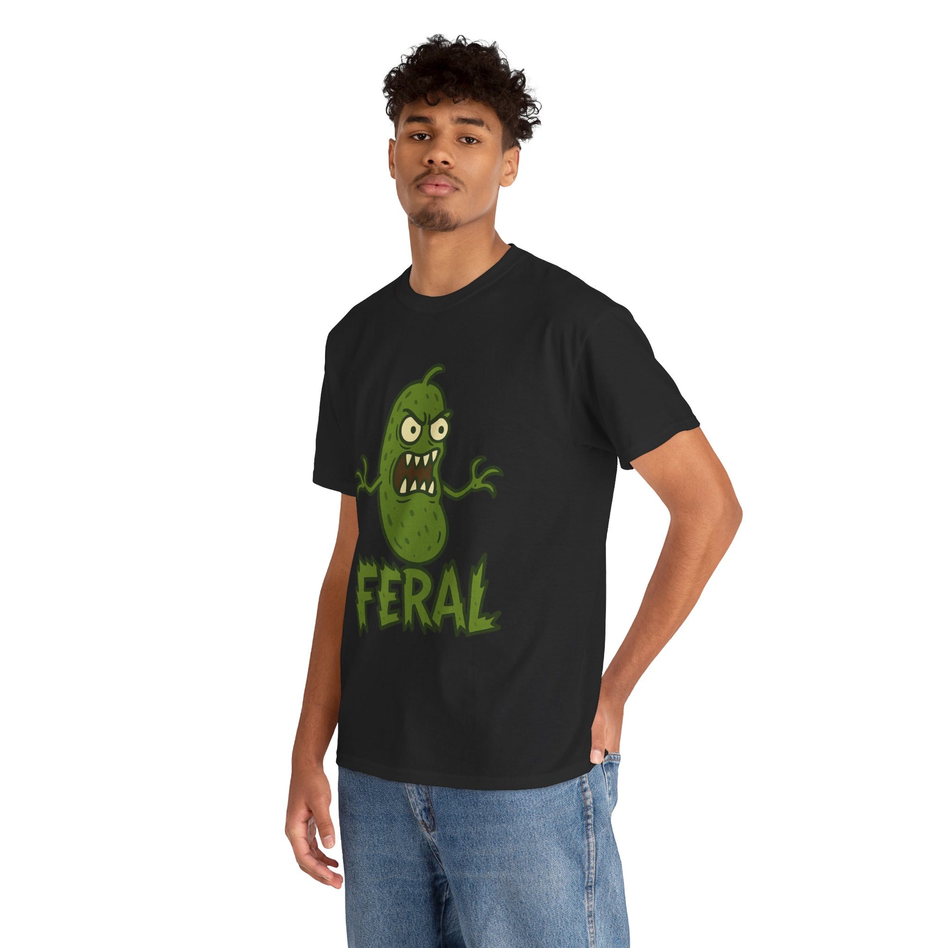 Feral Pickle Cartoon Tee – Trashcore Angry Pickle Shirt – Gildan 5000 Unisex Heavy Cotton