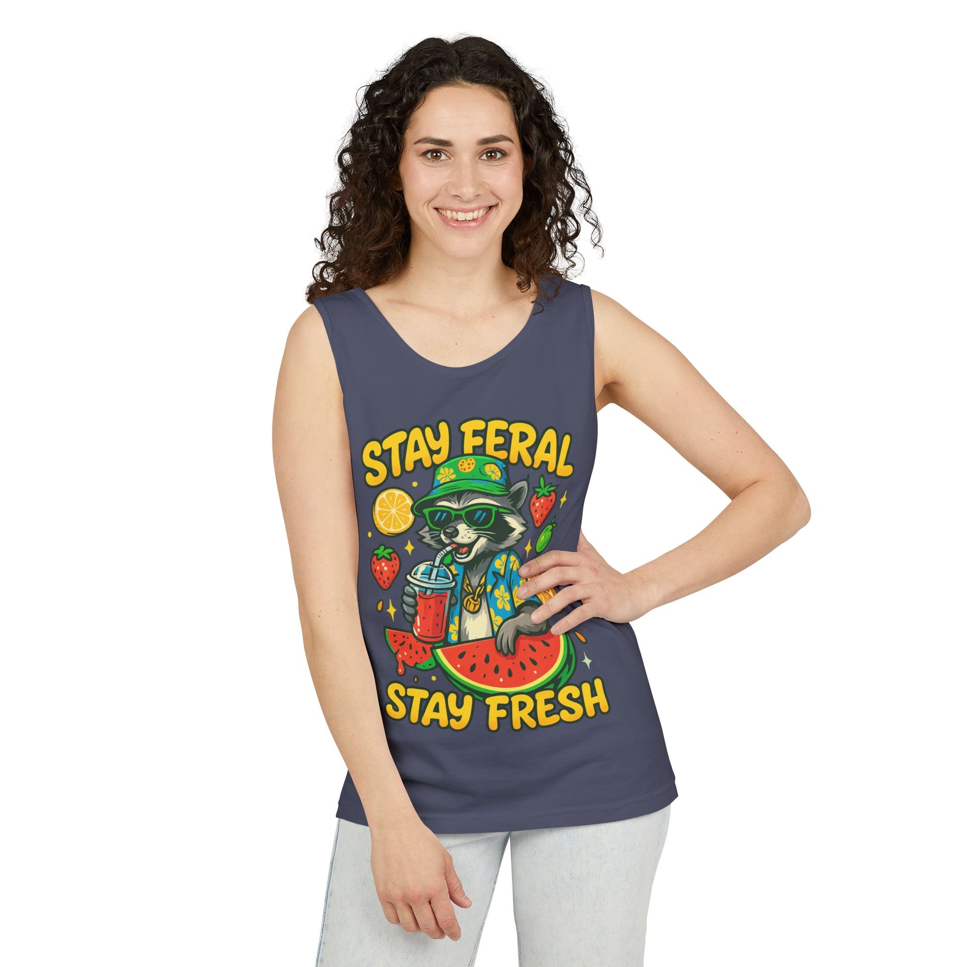 Stay Feral Stay Fresh Tank Top, Summer Apparel, Unisex Graphic Tee, Beachwear, Fun Gift for Animal Lovers