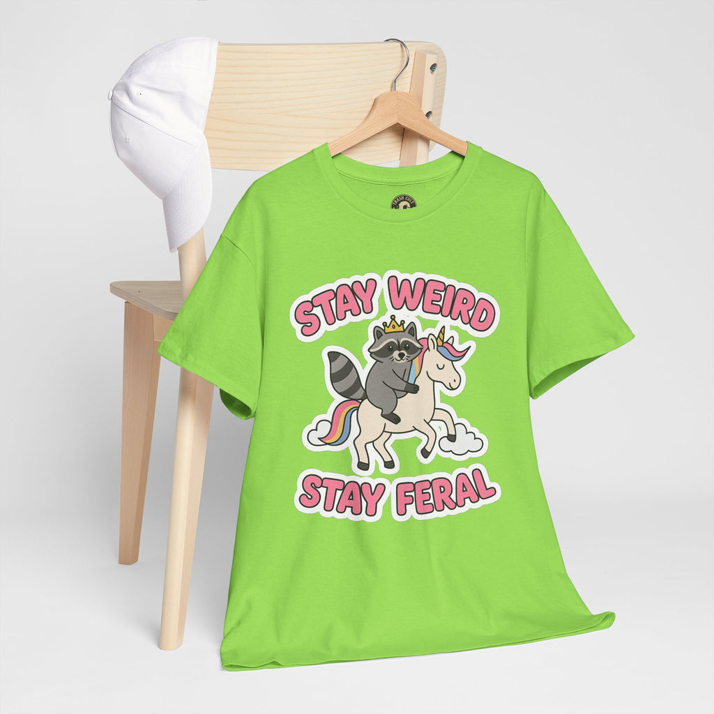 Stay Weird Stay Feral Shirt – Raccoon & Unicorn – High Visibility Gildan 5000 Tee