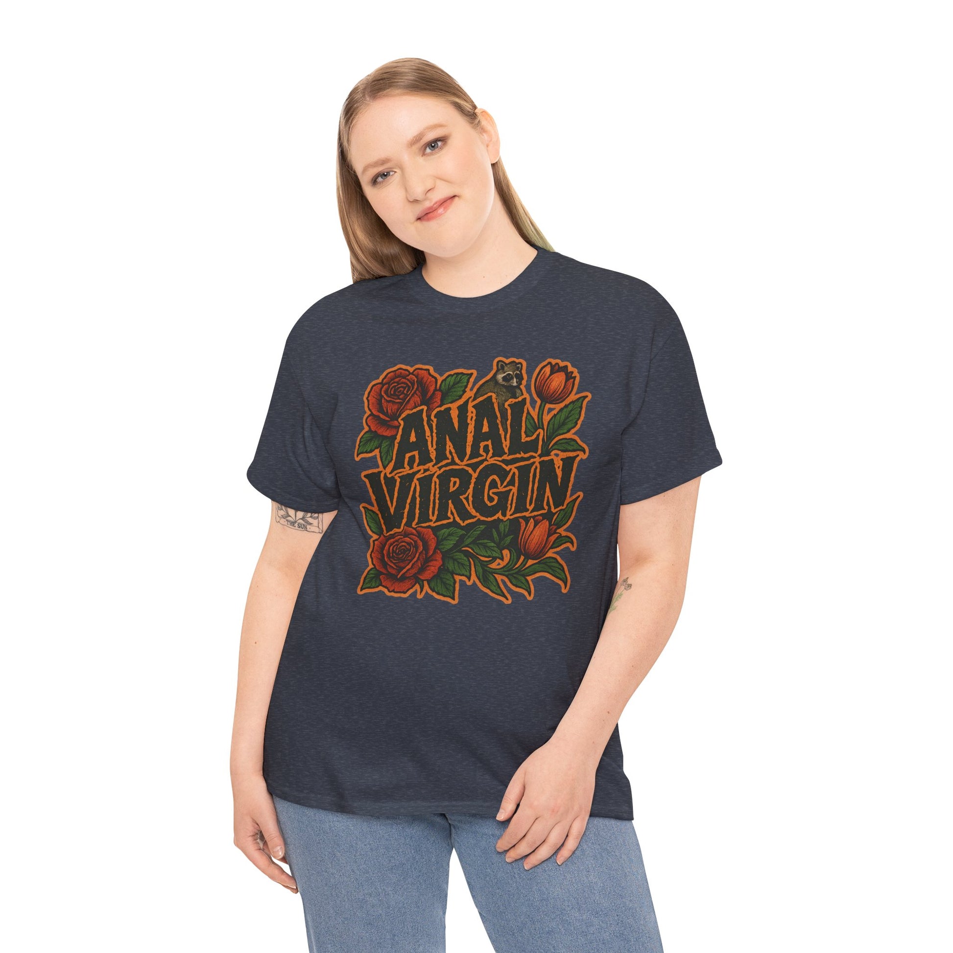 Anal Virgin Bold Floral Trashcore Tee – Funny Raccoon Shirt – Gildan 5000