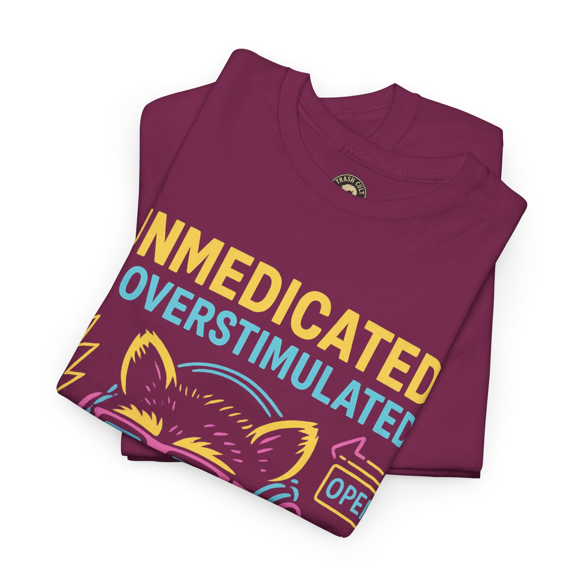 Unmedicated & Overstimulated Neon Raccoon ADHD Shirt – Trash Cult Supply Co. – Gildan 5000