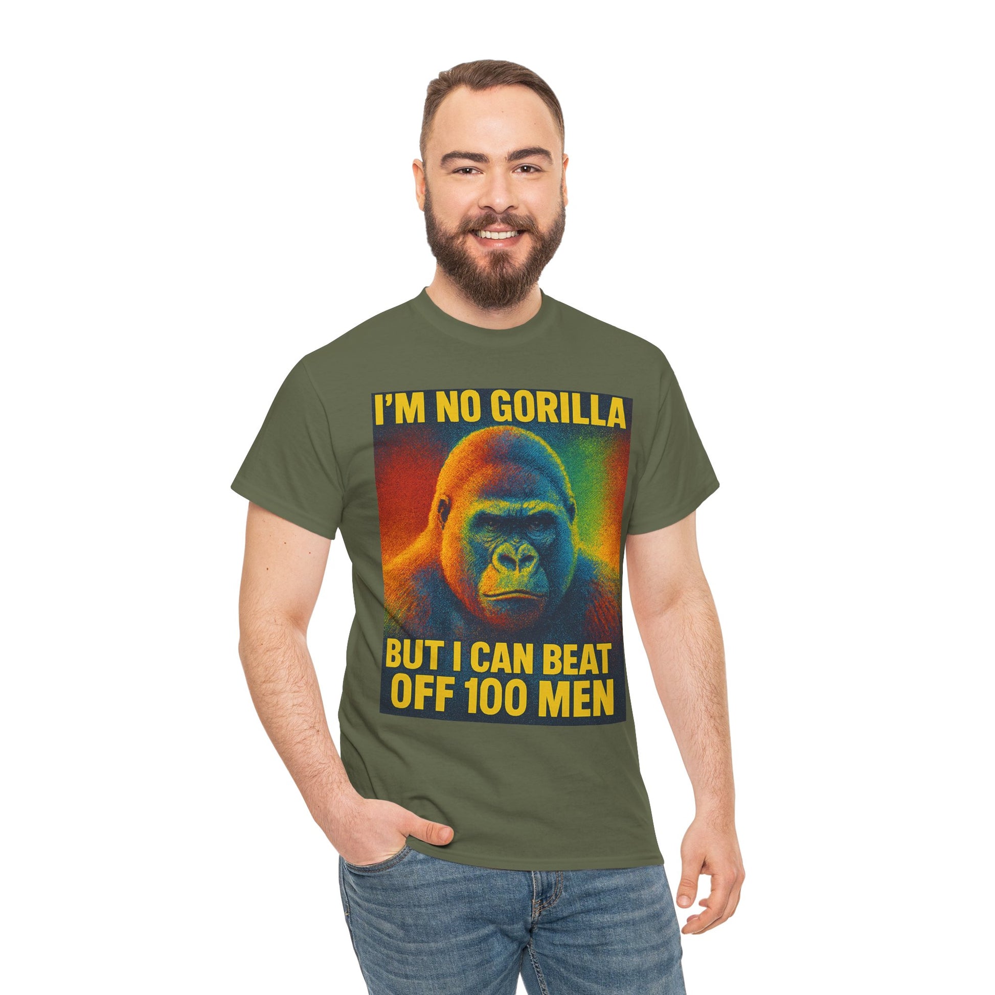 I’m No Gorilla But I Can Beat Off 100 Men Shirt – Multicolor Halftone Gorilla Tee on Gildan 5000