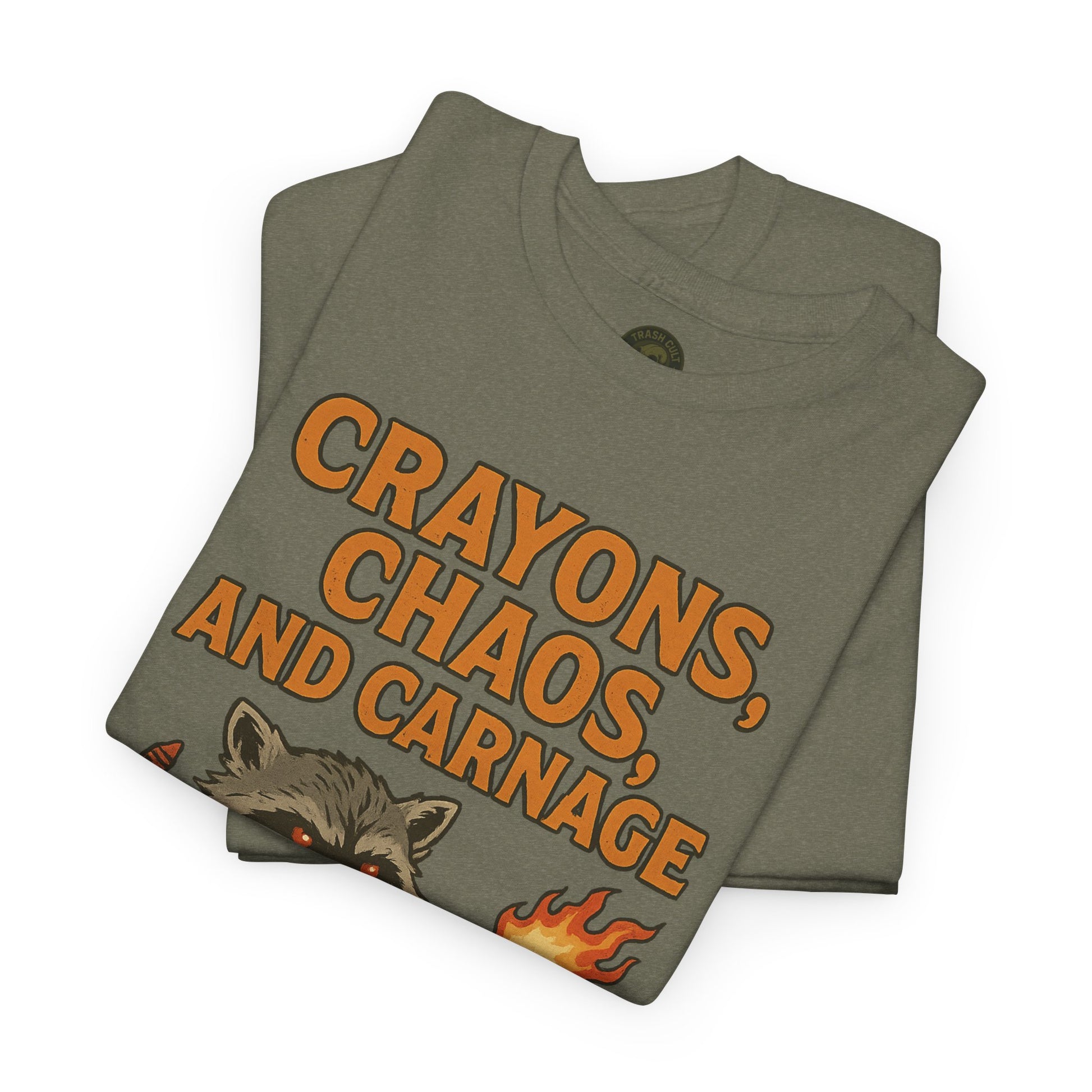 Crayons, Chaos, and Carnage T-Shirt – Dark Humor Raccoon Graphic | Trash Cult Supply Co. | Gildan 5000 Tee