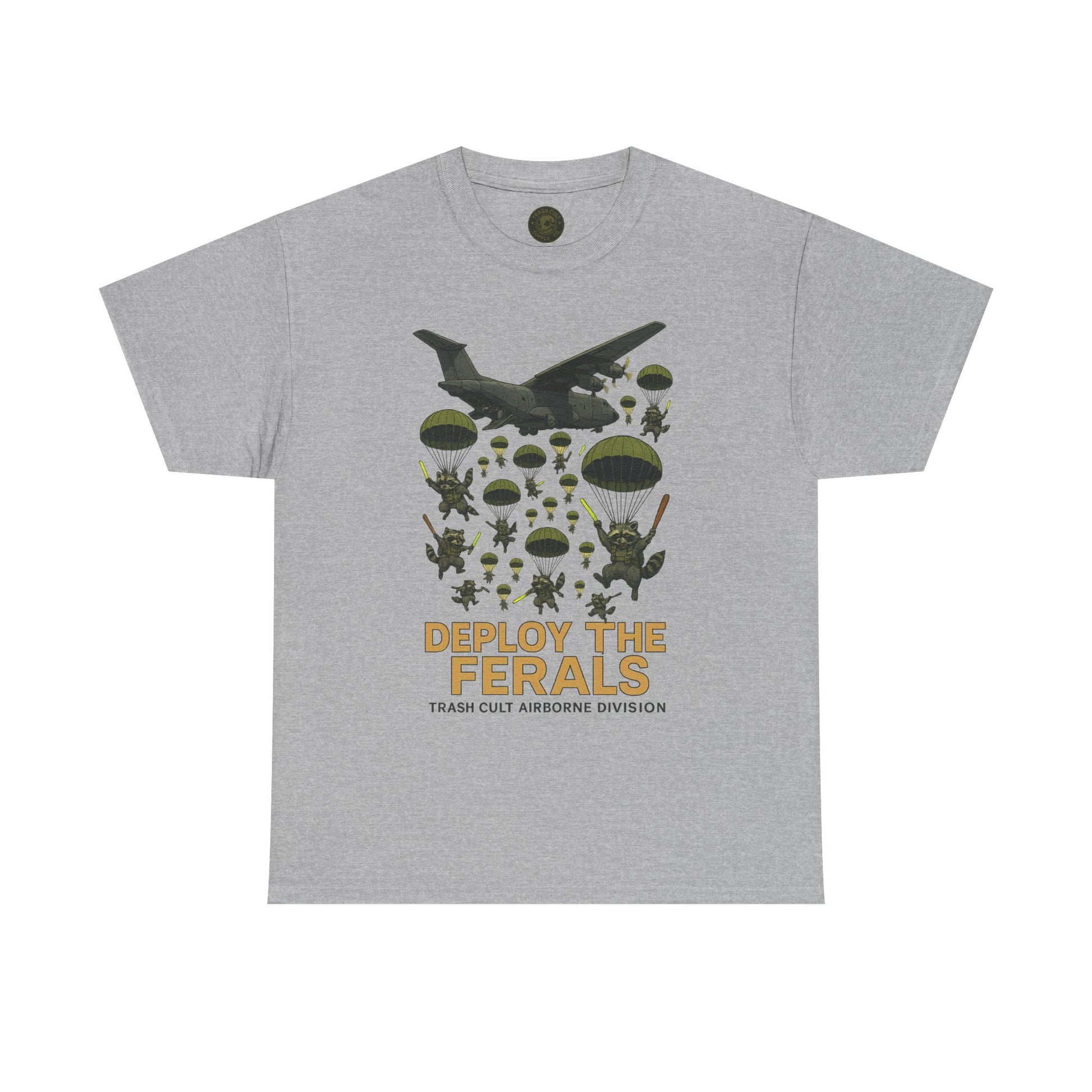Deploy the Ferals T-Shirt – Airborne Raccoon Drop Graphic | Trash Cult Supply Co. | Gildan 5000 Heavy Cotton Tee