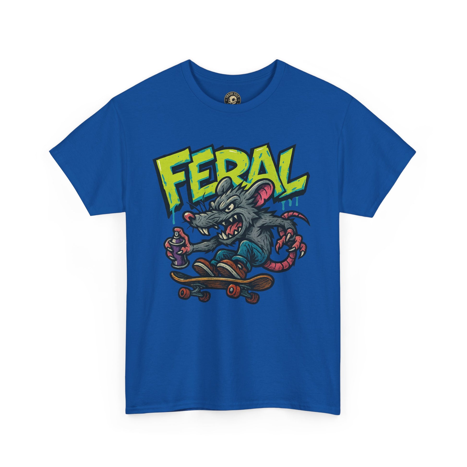 FERAL Graffiti Rat Skate Tee – Street Art Spray Can Mouse on Skateboard | Gildan 5000 Heavy Cotton Shirt