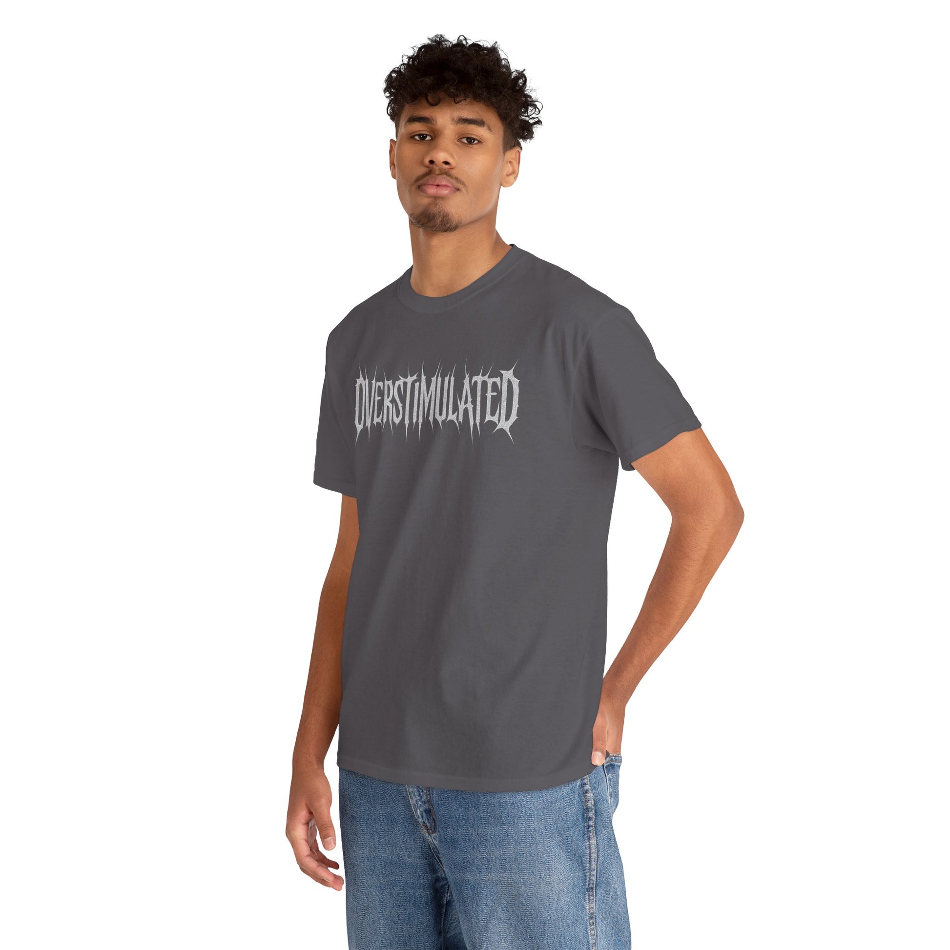 OVERSTIMULATED Metalcore Grunge Shirt – White on Black Distressed Font Tee