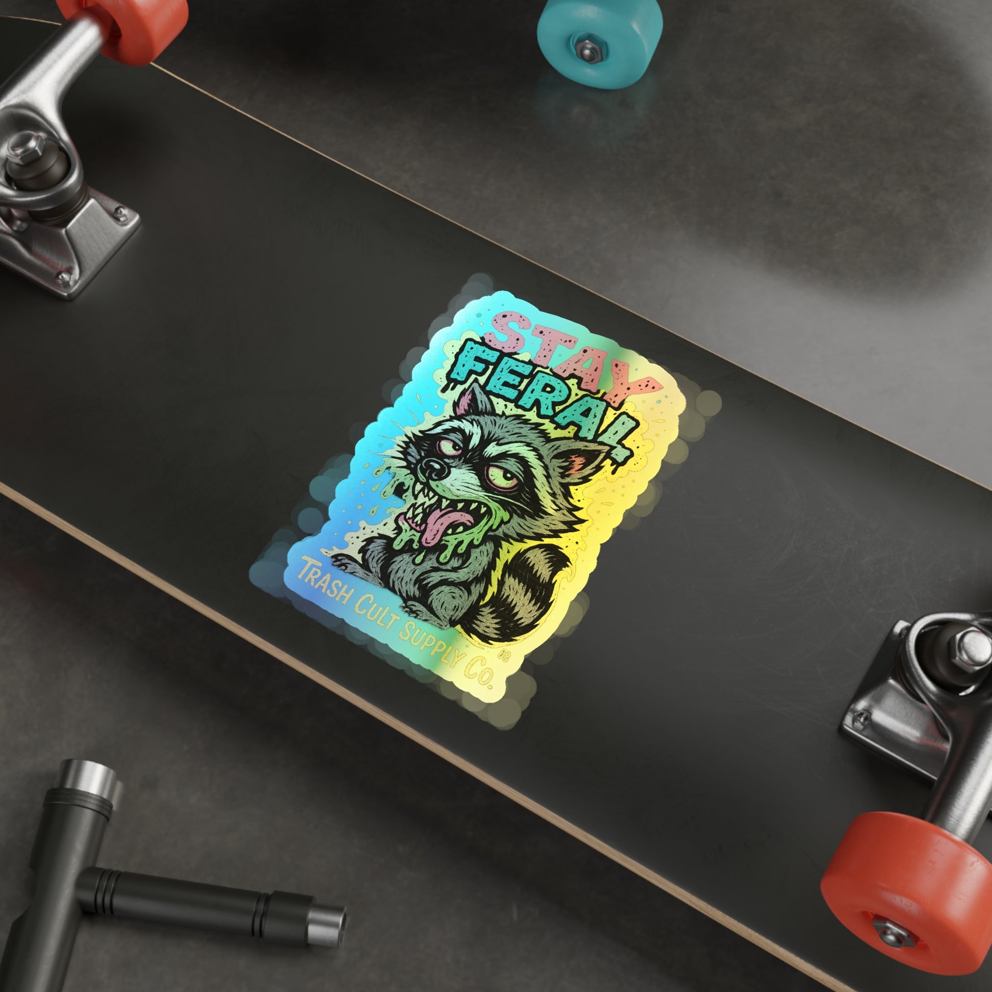 Holographic Die-Cut Stickers - Stay Feral, Fun Decor, Skateboard Accessories, Cool Vibe, Gift for Animal Lovers, Distinctive Art