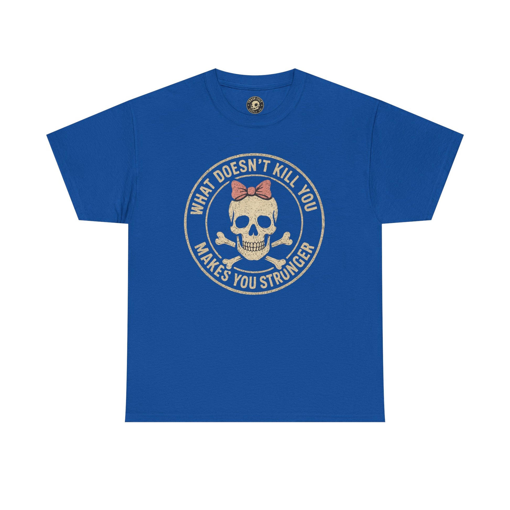 “What Doesn’t Kill You Makes You Stronger” Skull & Bow T-Shirt – Vintage Grunge Graphic | Gildan 5000