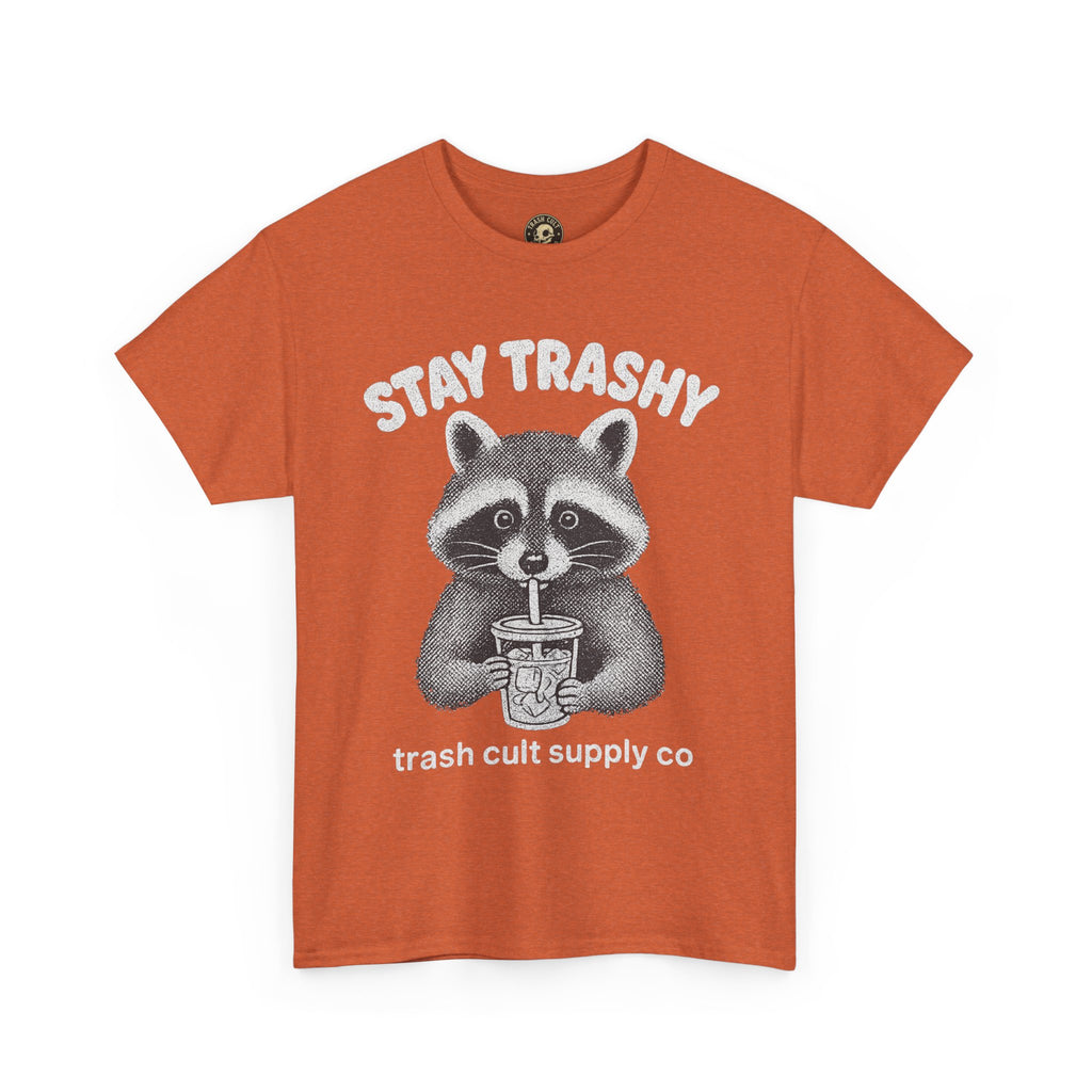 Stay Trashy Raccoon Iced Coffee Shirt – Halftone All White Design | Trash Cult Supply Co.