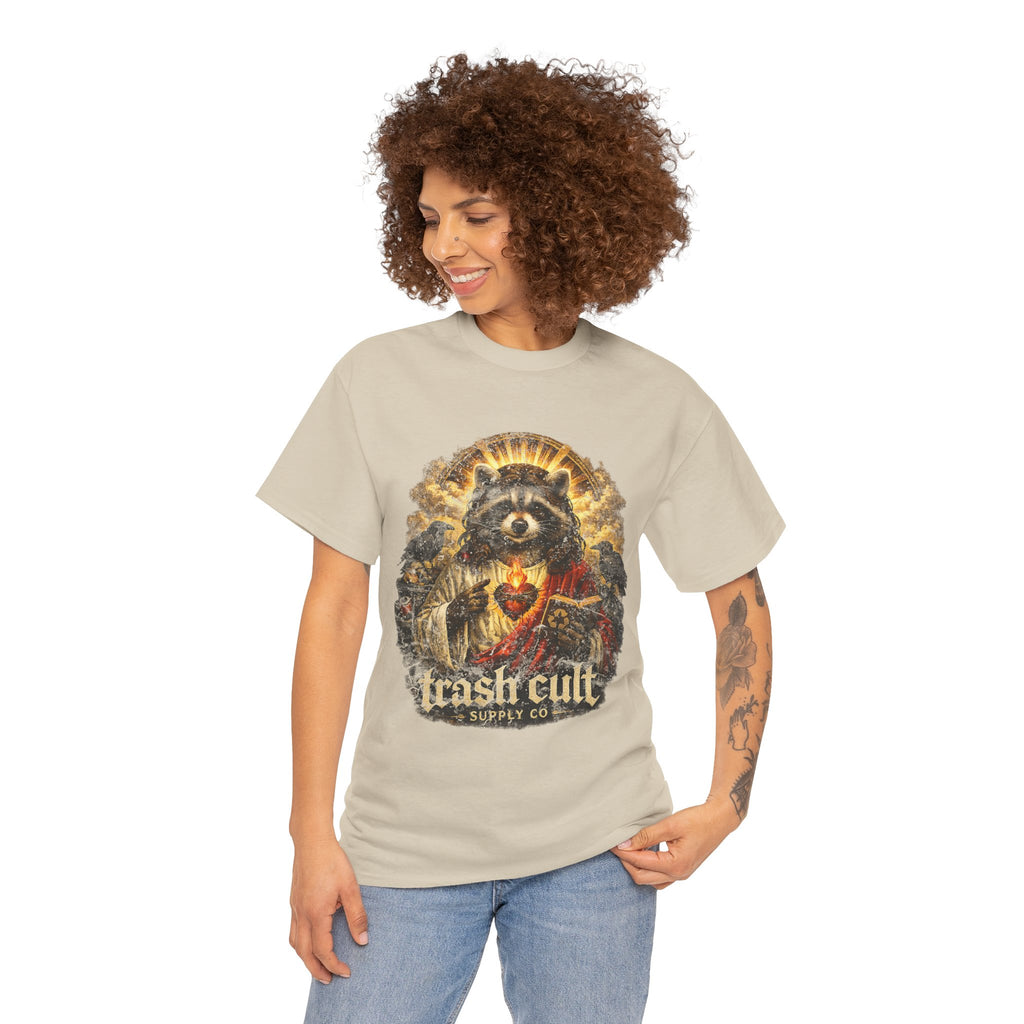 Raccoon Saint Graphic Tee — “Trash Cult” Vintage Devotional Design