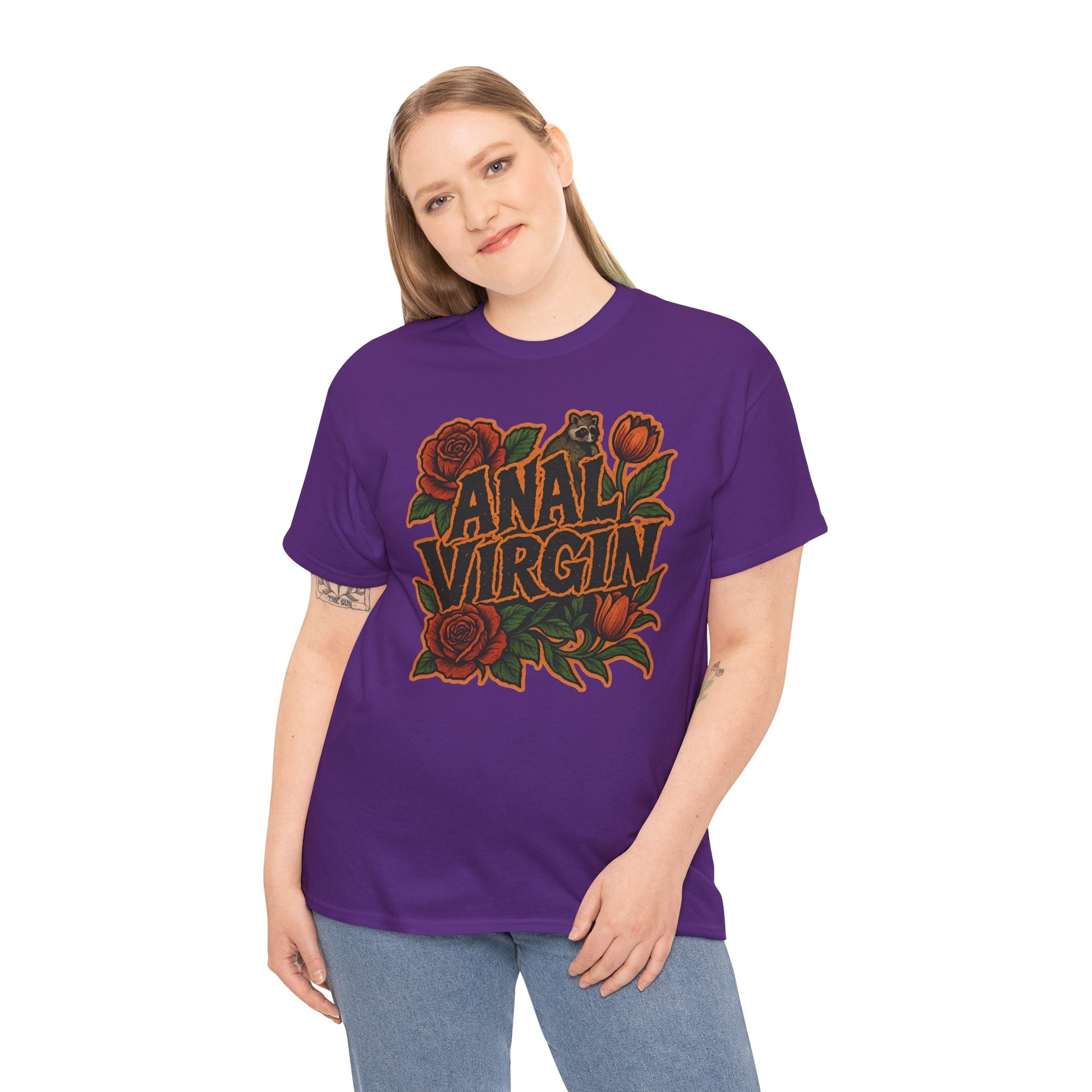 Anal Virgin Bold Floral Trashcore Tee – Funny Raccoon Shirt – Gildan 5000
