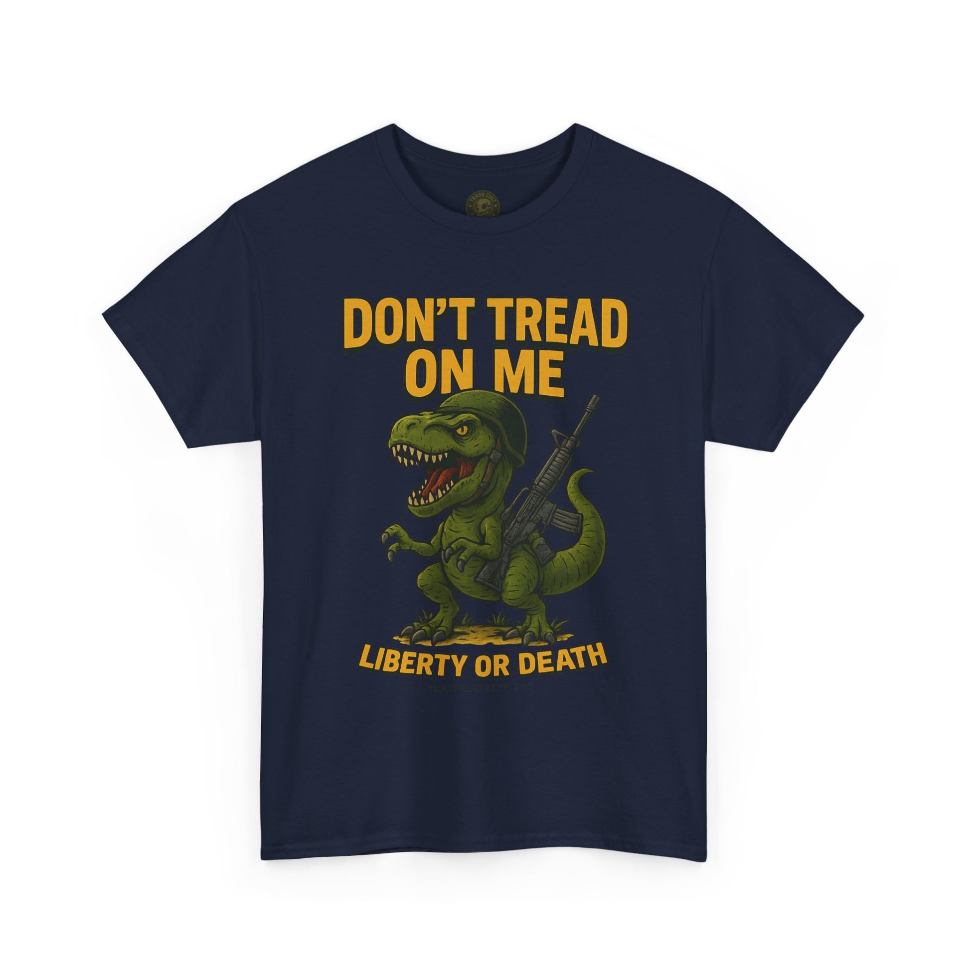 Don’t Tread On Me T-Rex T-Shirt – Liberty or Death Graphic | Trash Cult Supply Co. | Gildan 5000 Heavy Cotton