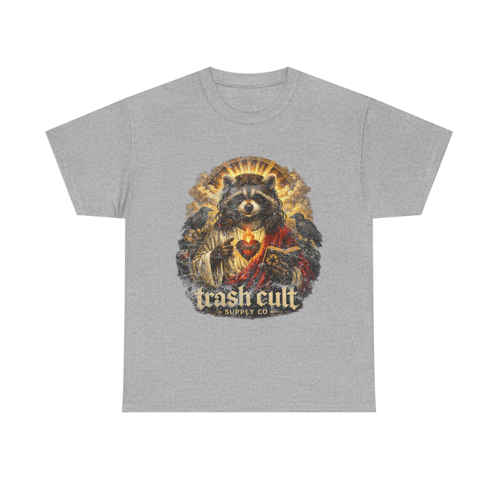 Raccoon Saint Graphic Tee — “Trash Cult” Vintage Devotional Design