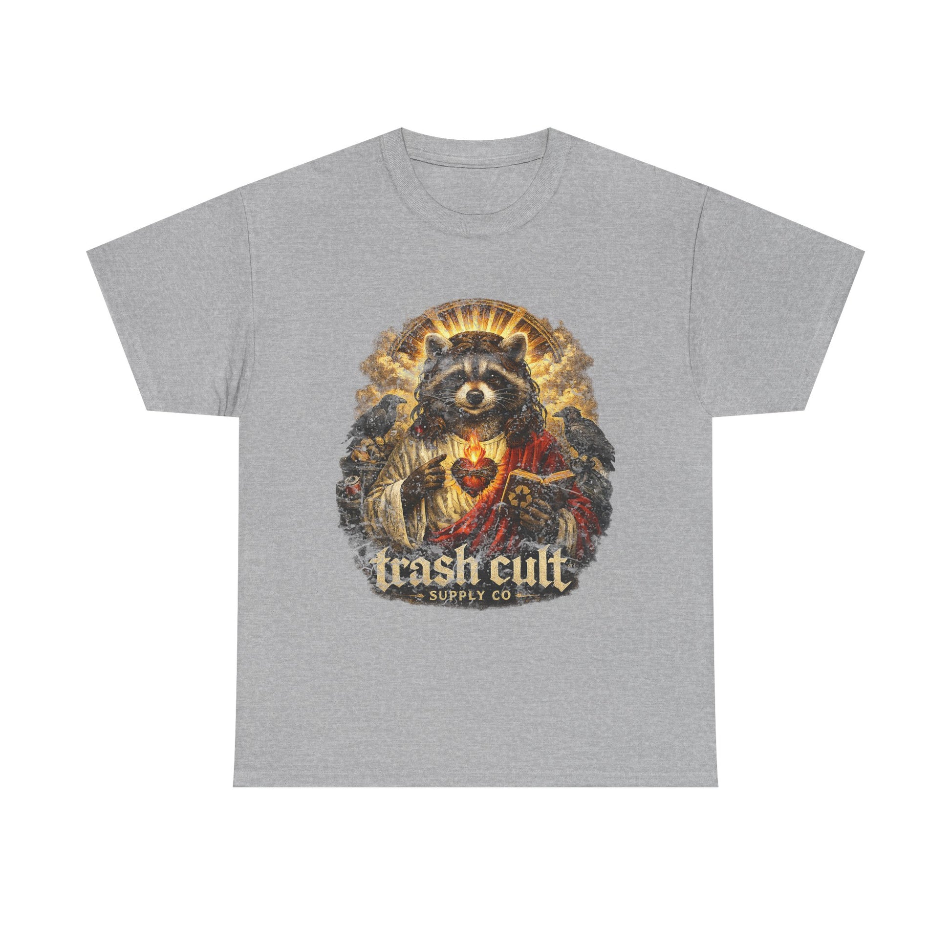 Raccoon Saint Graphic Tee — “Trash Cult” Vintage Devotional Design